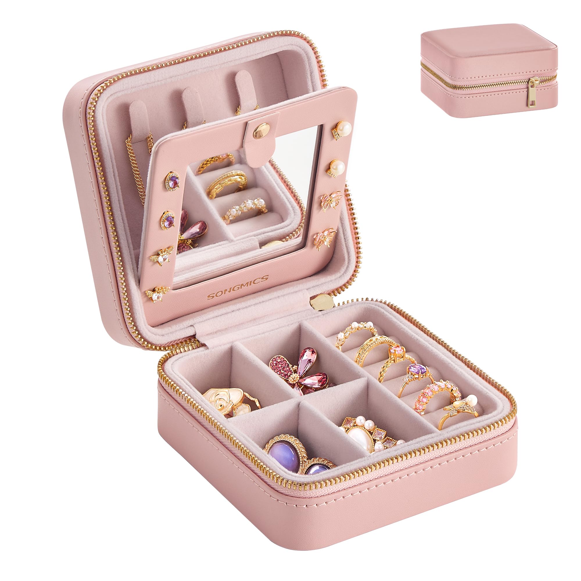 SONGMICS GISELLA Kollektion - Schmuckkästchen Reise mit Spiegel, 11,4 x 11,4 x 5,5 cm, Schmuckkasten klein, PU-Bezug, Schmuckaufbewahrung für Frauen, tragbar, Geschenkidee, pastellrosa JBC146S01