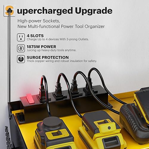 Miniatura 3 de Organizador de herramientas eléctricas con estación de carga, 6 soportes para taladro, soporte de pared, estante de herramientas de garaje de metal