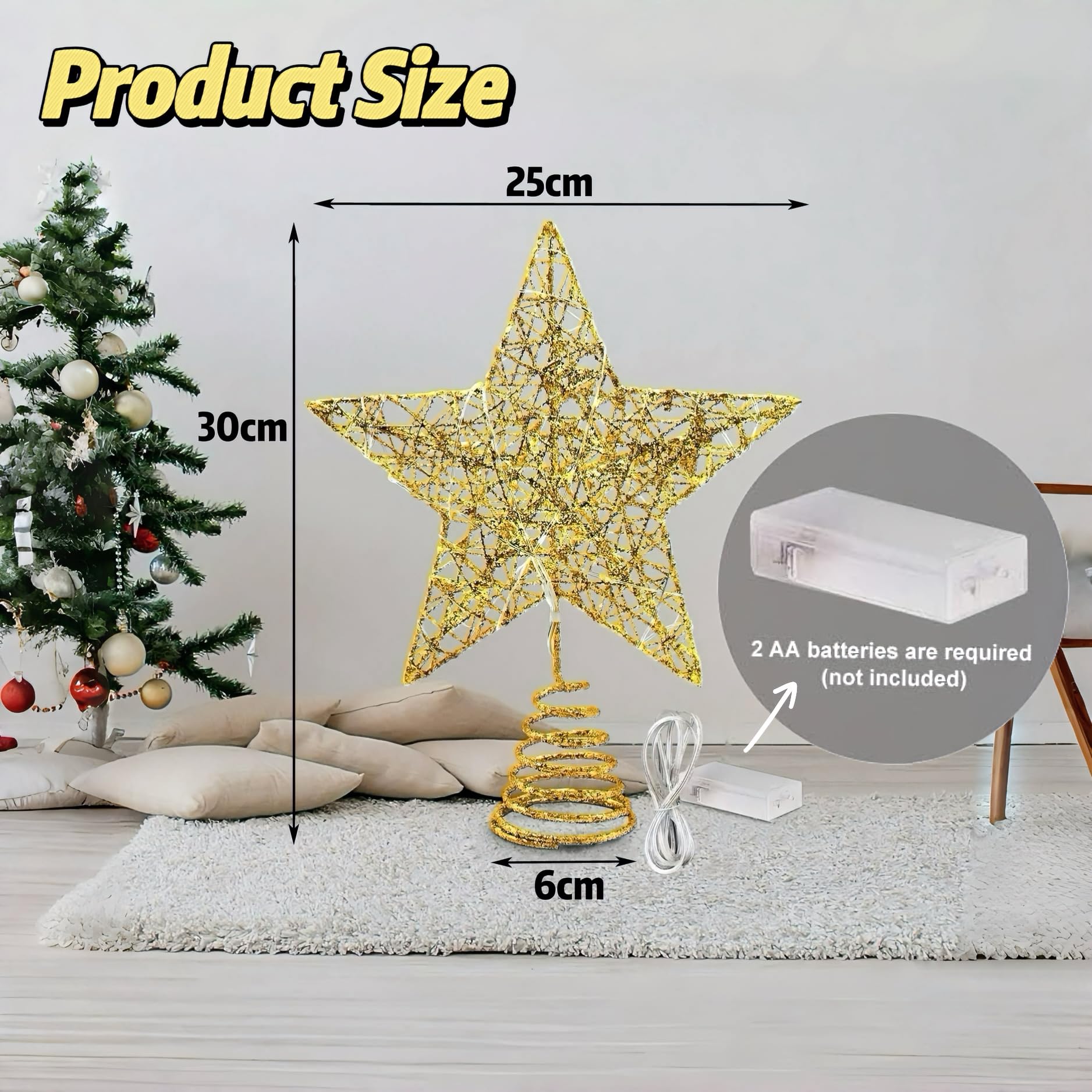 Irunfast Golden Christmas Tree Star Topper Lighted, LED Warm Light, Pentagram, 20*25CM - Image 2