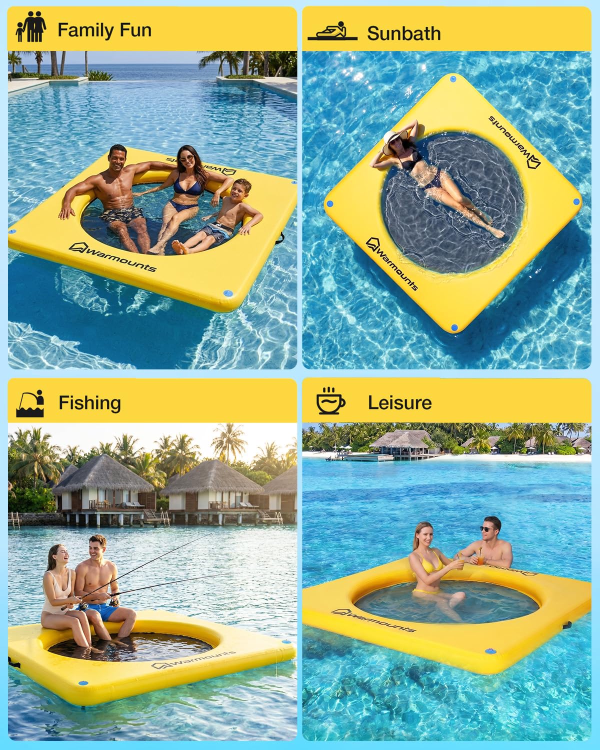 WARMOUNTS Aufblasbare Schwimminsel Wasserhängematte mit Netzmitte, rutschfeste Schwimmmatte Badeplattform für See Pool Meer, Schwimmplattform für Erwachsene Hunde, inkl. Pumpe Tasche Seil