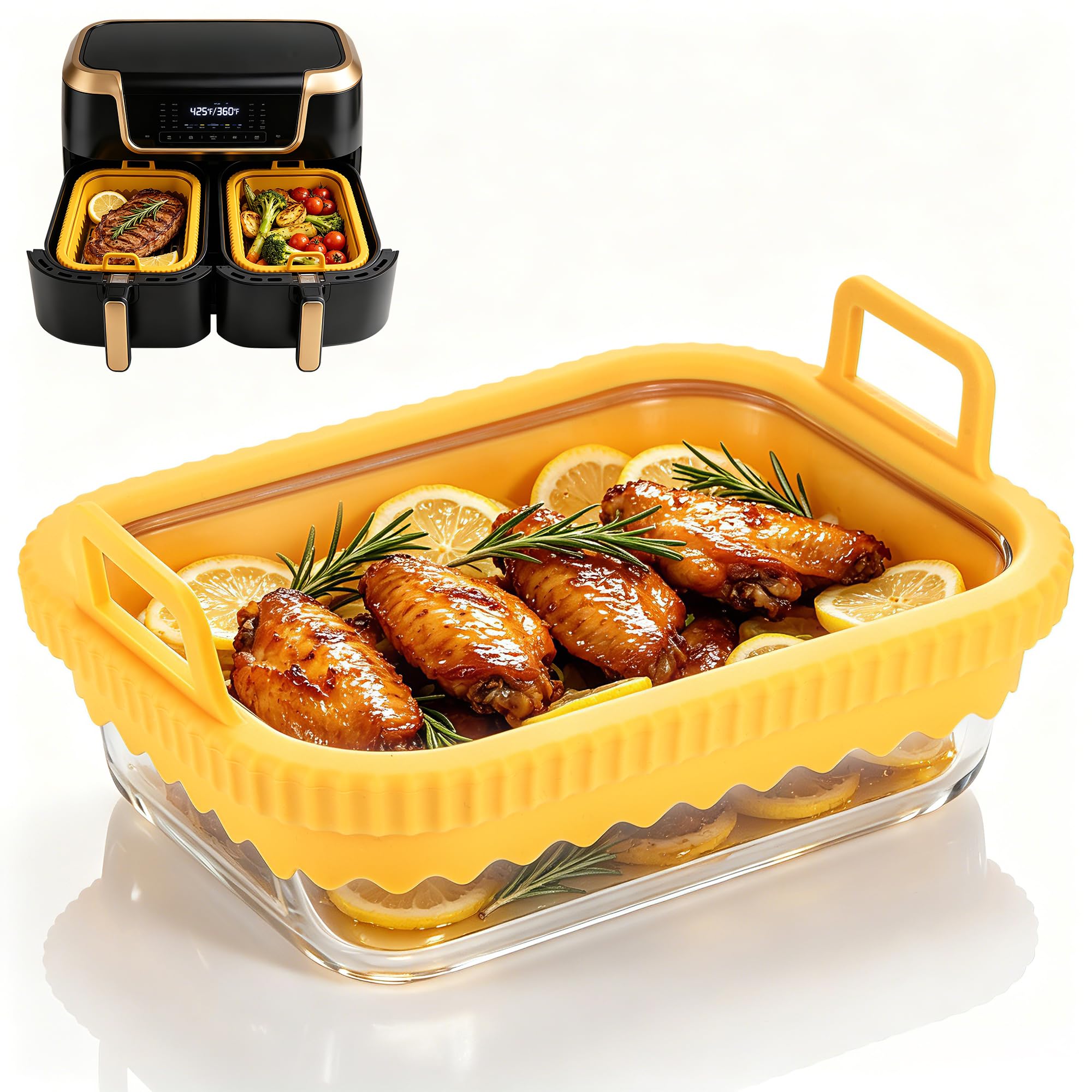 Kssvzz Glass Air Fryer Liners with Removable Silicone Handles, Dishwasher-Safe Air Fryer Trays, Heat Resistant for Ninja AF400UK and Other Dual Air Fryers