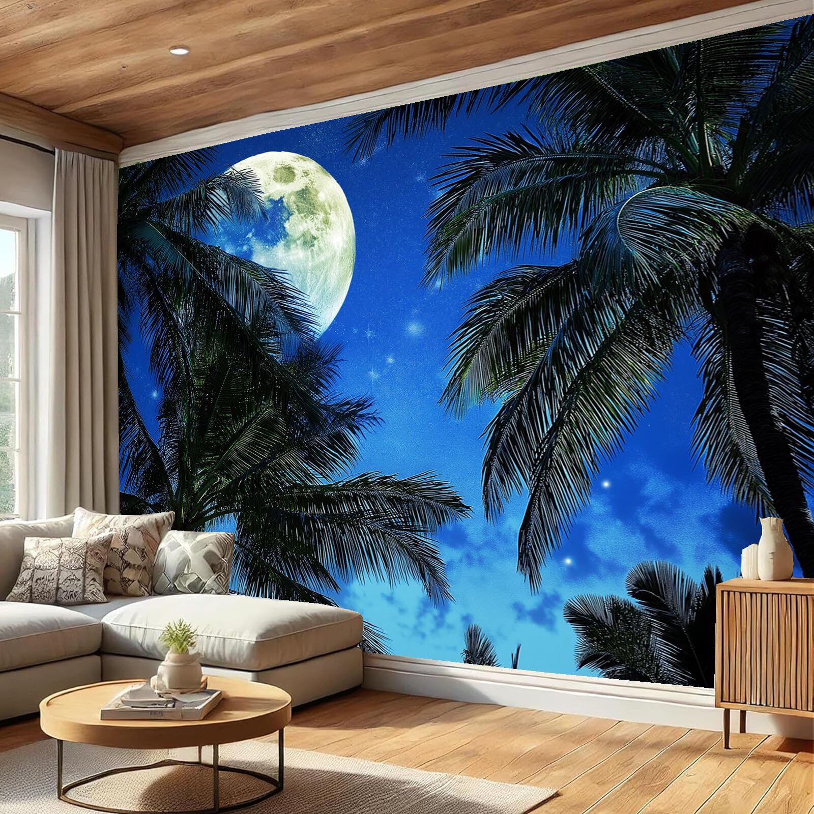 Carta Da Parati 200X140Cm Palma Della Luna Fotomurali Seta Murale Alla Decorazione Da Muro Xxl Poster Cameretta Per Camera Da Letto Soggiorno Paesaggio Tropicale 3D Pittura Blu-Verde