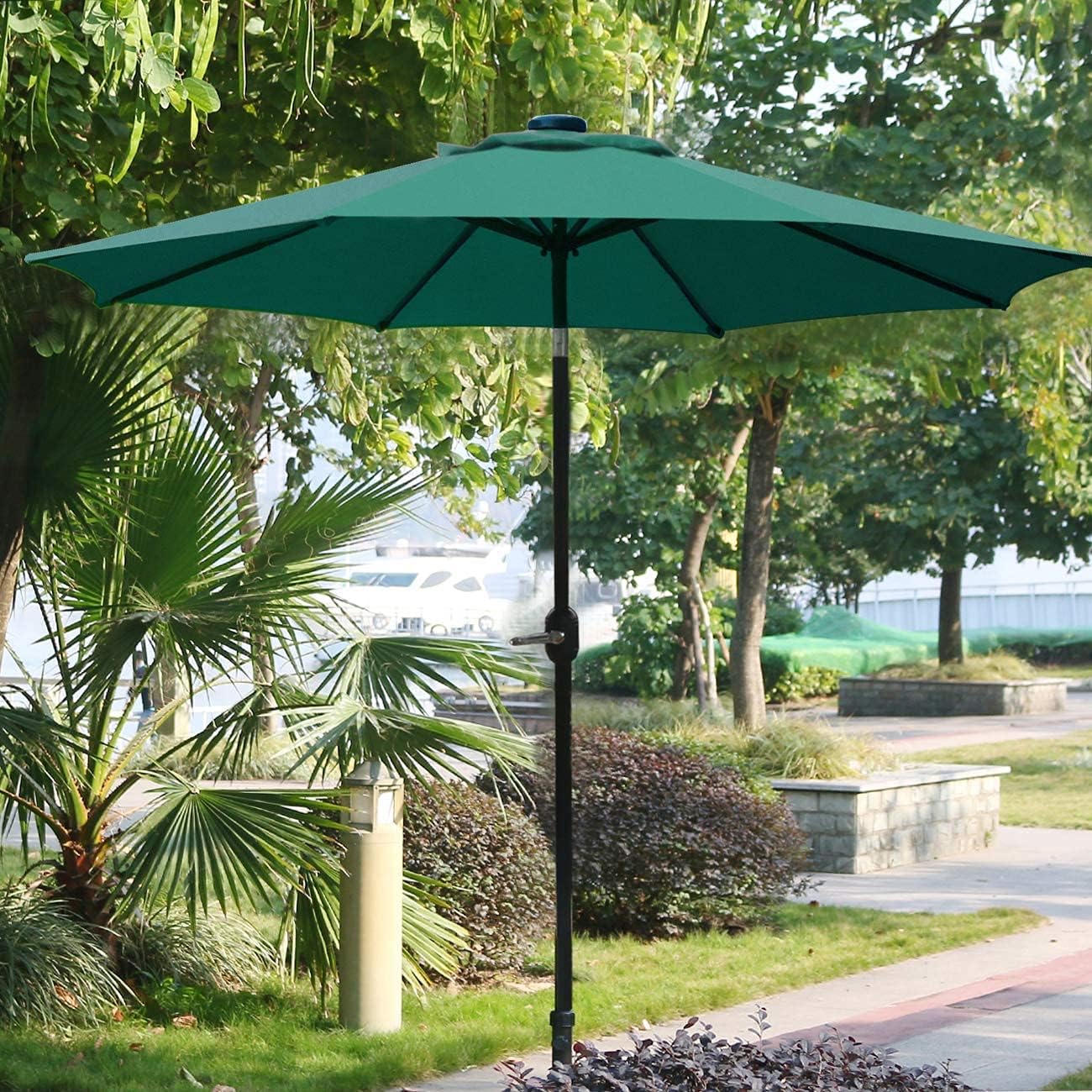 Sunnyglade 9' Patio Umbrella Outdoor Table Umbrella with 8 Sturdy Ribs (Dark Green) | 18" 26.5-lbs Heavy Duty Round Antiqued Umbrella Base, Bronze