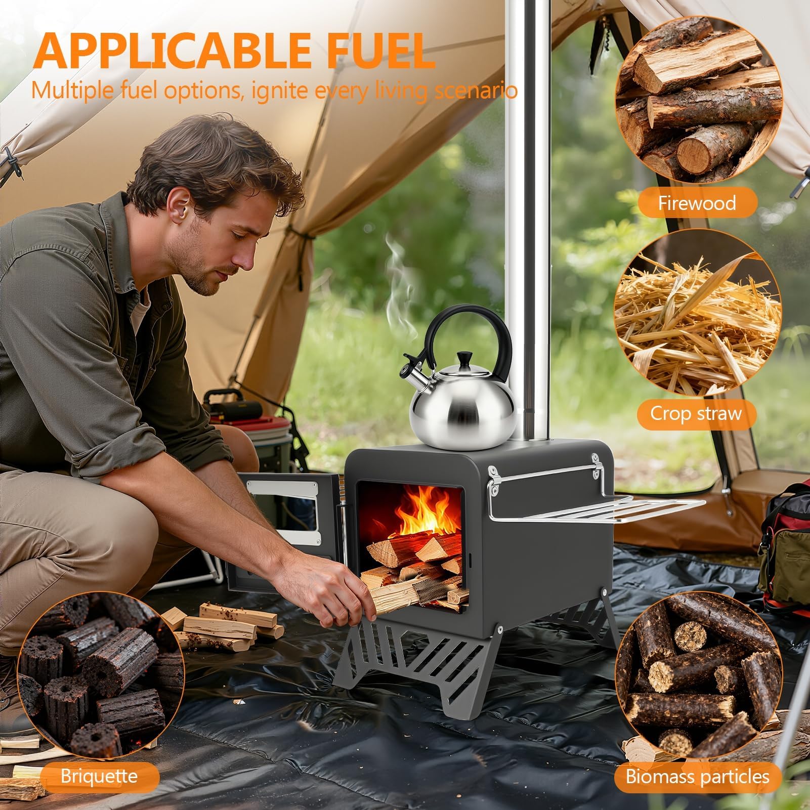 Estufa portátil para tienda de campaña, estufa de leña, tienda de campaña plegable, estufa de leña con chimenea resistente al viento para acampar al aire libre, cocina color negro