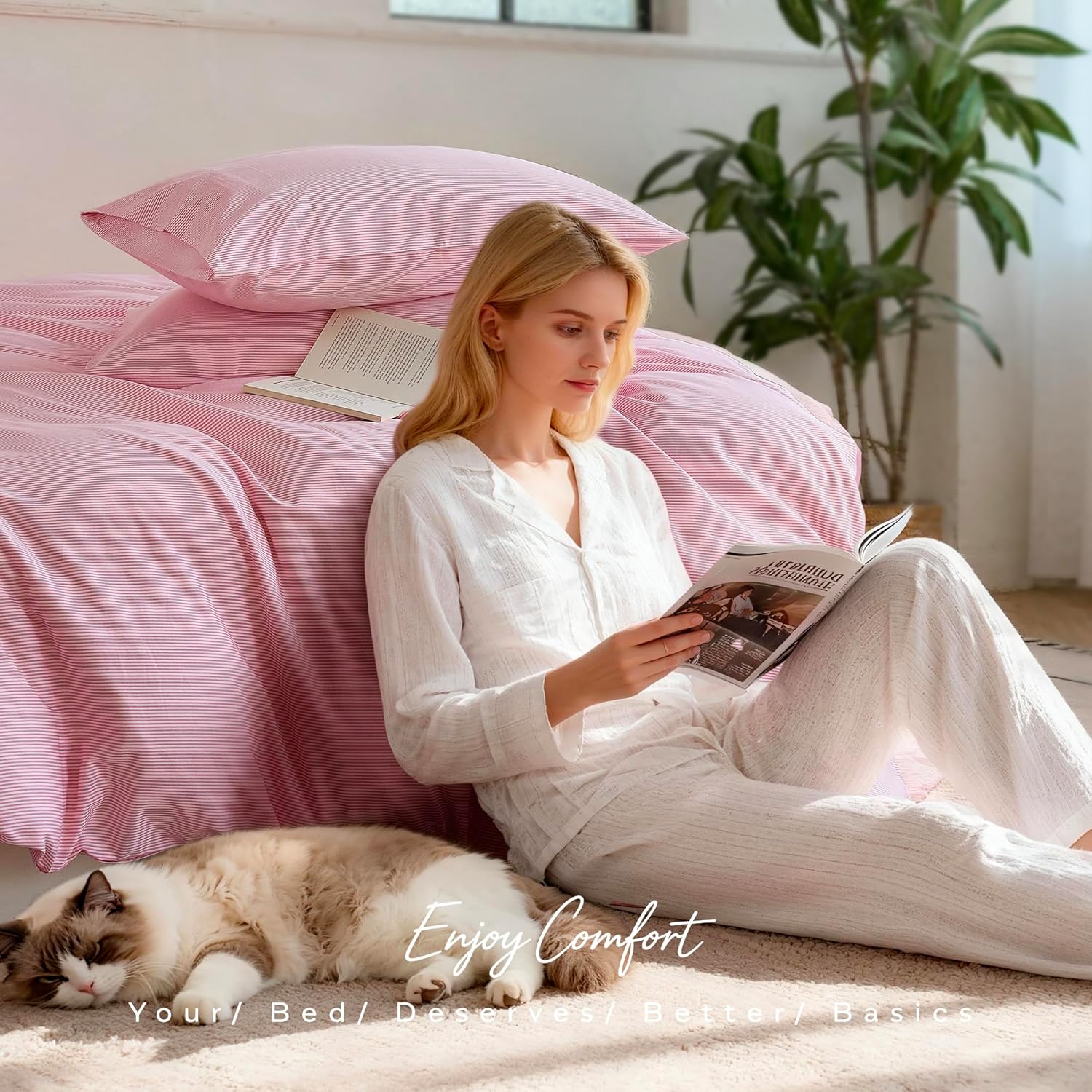 JELLYMONI 100% Cotton Bed Sheets Set – Thin Pink and White Striped, Full Size, Soft Bedding with Deep Pocket Fitted Sheet, Flat Sheet & Pillowcases