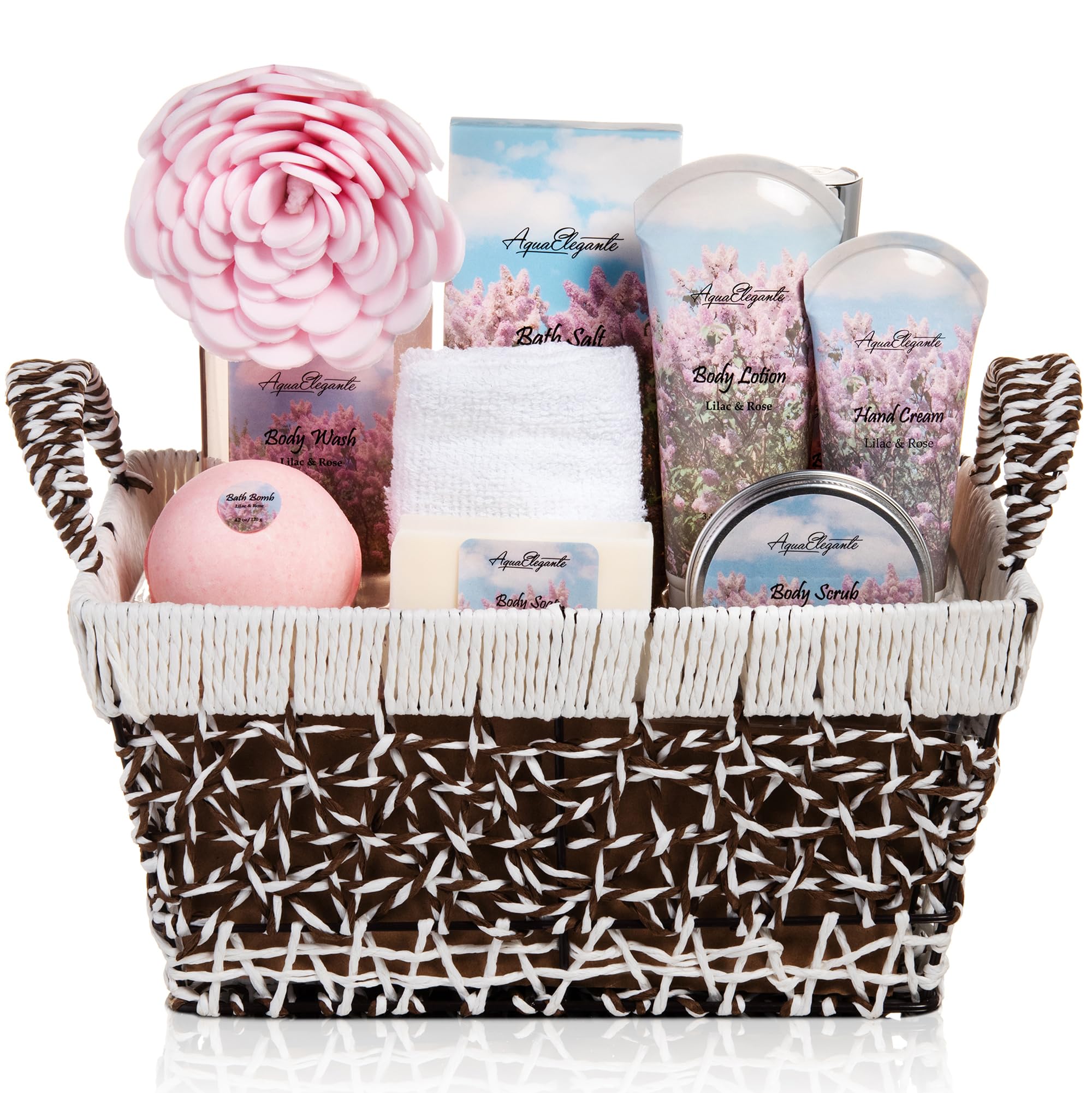 Spa Baskets For Women - Luxury Bath Set With Lilac & Rose Oil - Spa Kit Includes Wash, Bubble Bath, Lotion, Bath Salts, Body Scrub, Hand Cream, Shower
