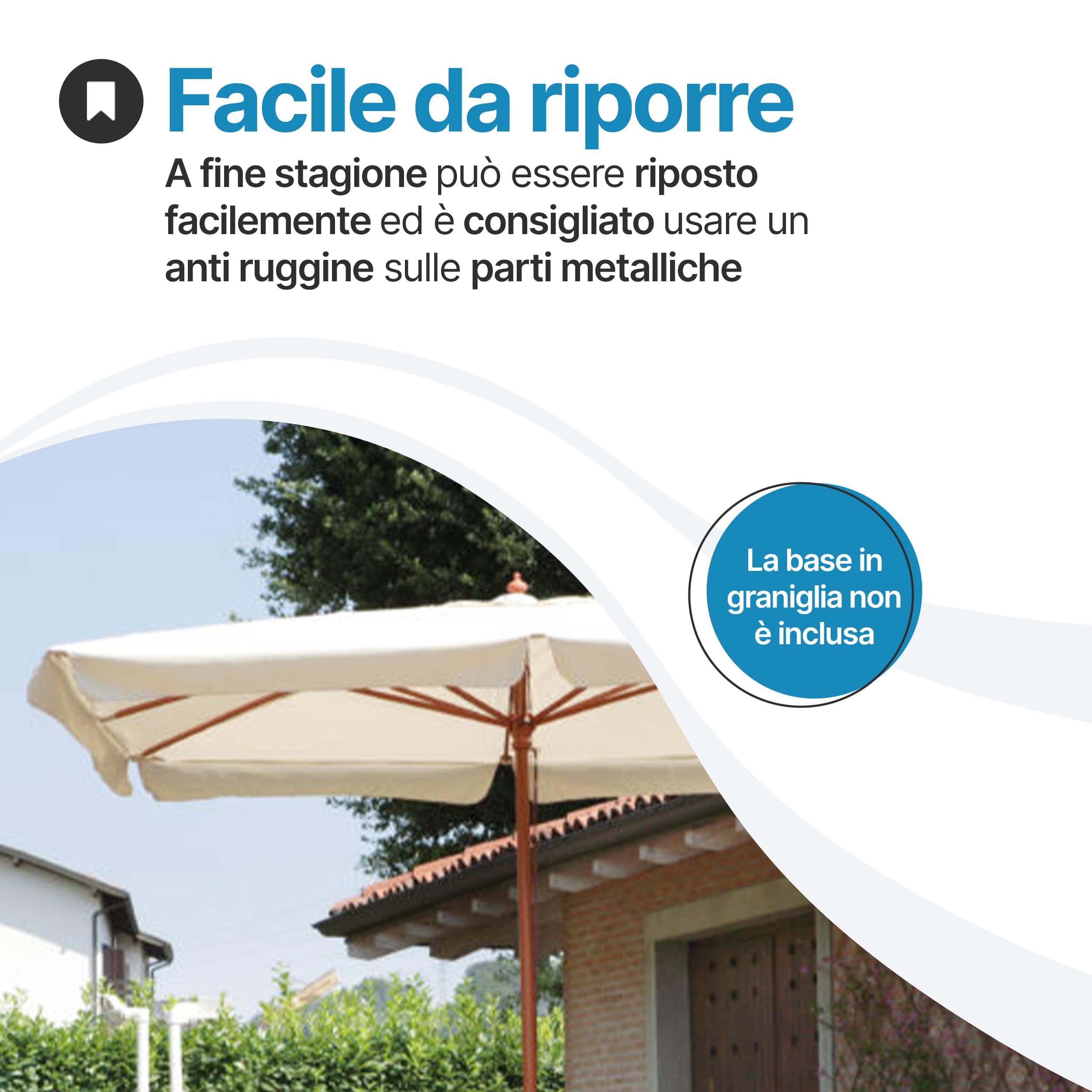 Tomaino - Ombrellone Da Giardino 3x3 cm Quadrato In Legno - Ombrellone da Esterno con Apertura a Carrucola - Telo Antivento in Poliestere Resistente Resinato 180gr