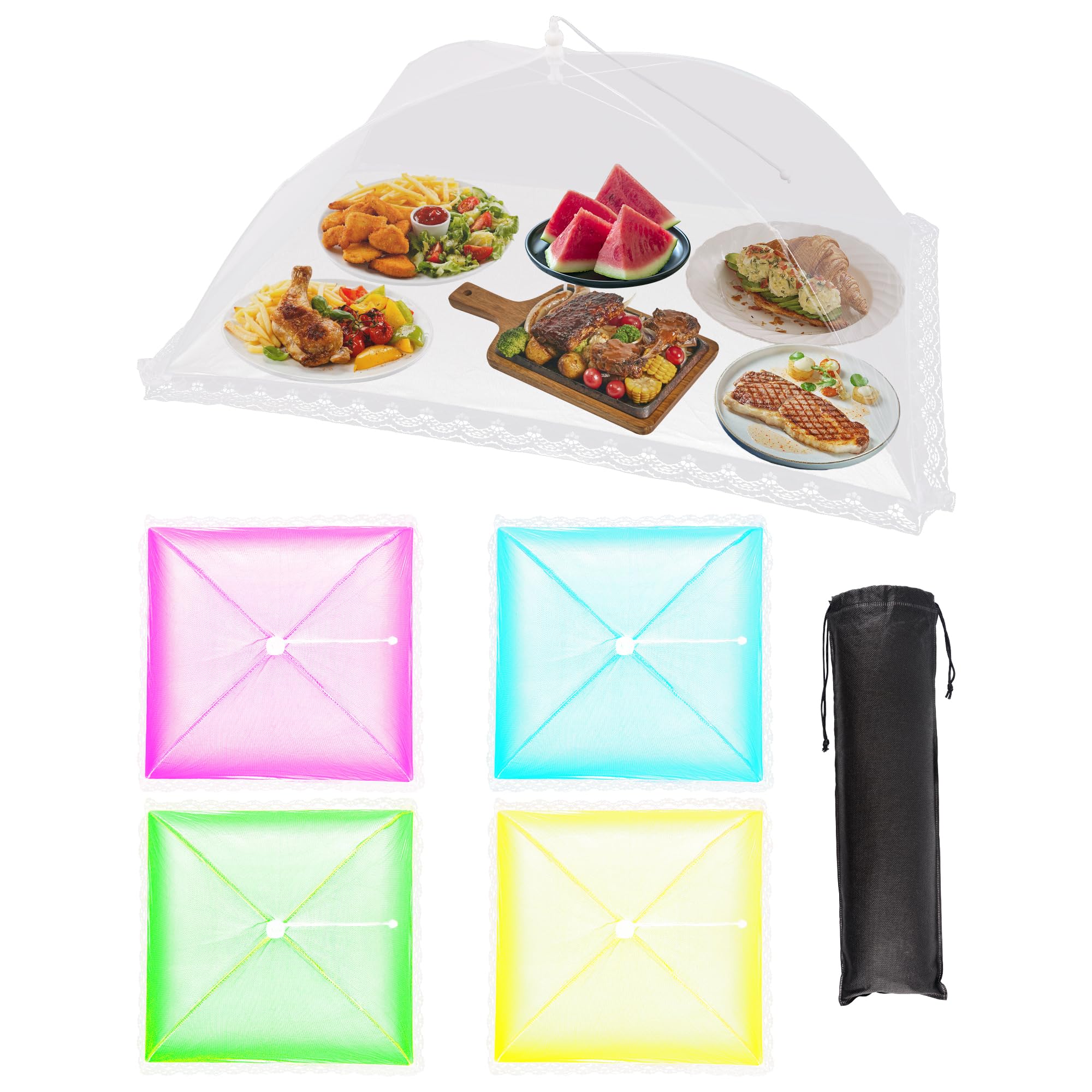 PaiTaiChan 5 Pcs Food Covers Mesh Pop Up, 3 Size Food Net Cover, Reusable and Collapsible Food Covers for Outside, Screen Tents for Party Picnics,BBQ to Keep Out Flies Bugs