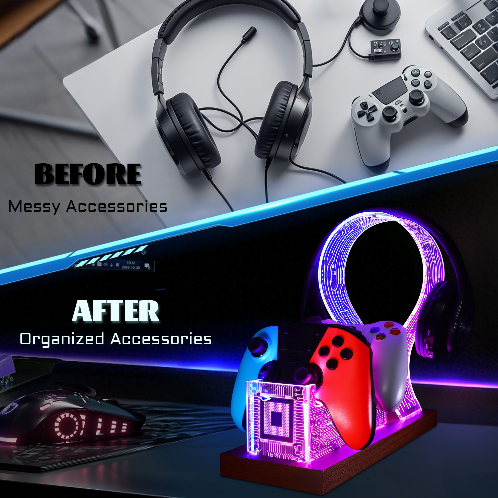 YuanDian Regali per ragazzi adolescenti, cuffie da gioco da scrivania e supporto per controller con luce notturna a LED blu rosa, supporto controller in legno acrilico con motivo PCB, regalo
