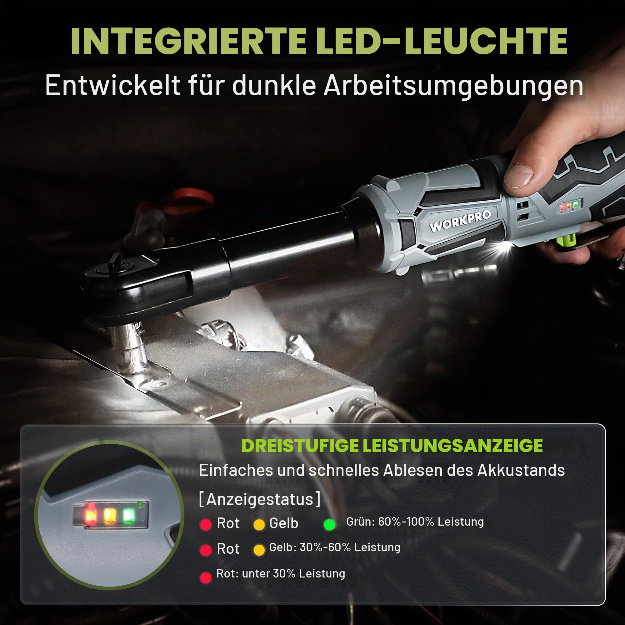 WORKPRO Akku Ratschenschlüssel 55 Nm Elektrische Ratschenschlüssel Set 12V Akku Ratsche 3/8" Kabellose Ratsche mit 2 x 2,0 Ah Akku, LED-Licht, inkl. 10 Stecknüsse, Aufbewahrungstasche, Ladegerät
