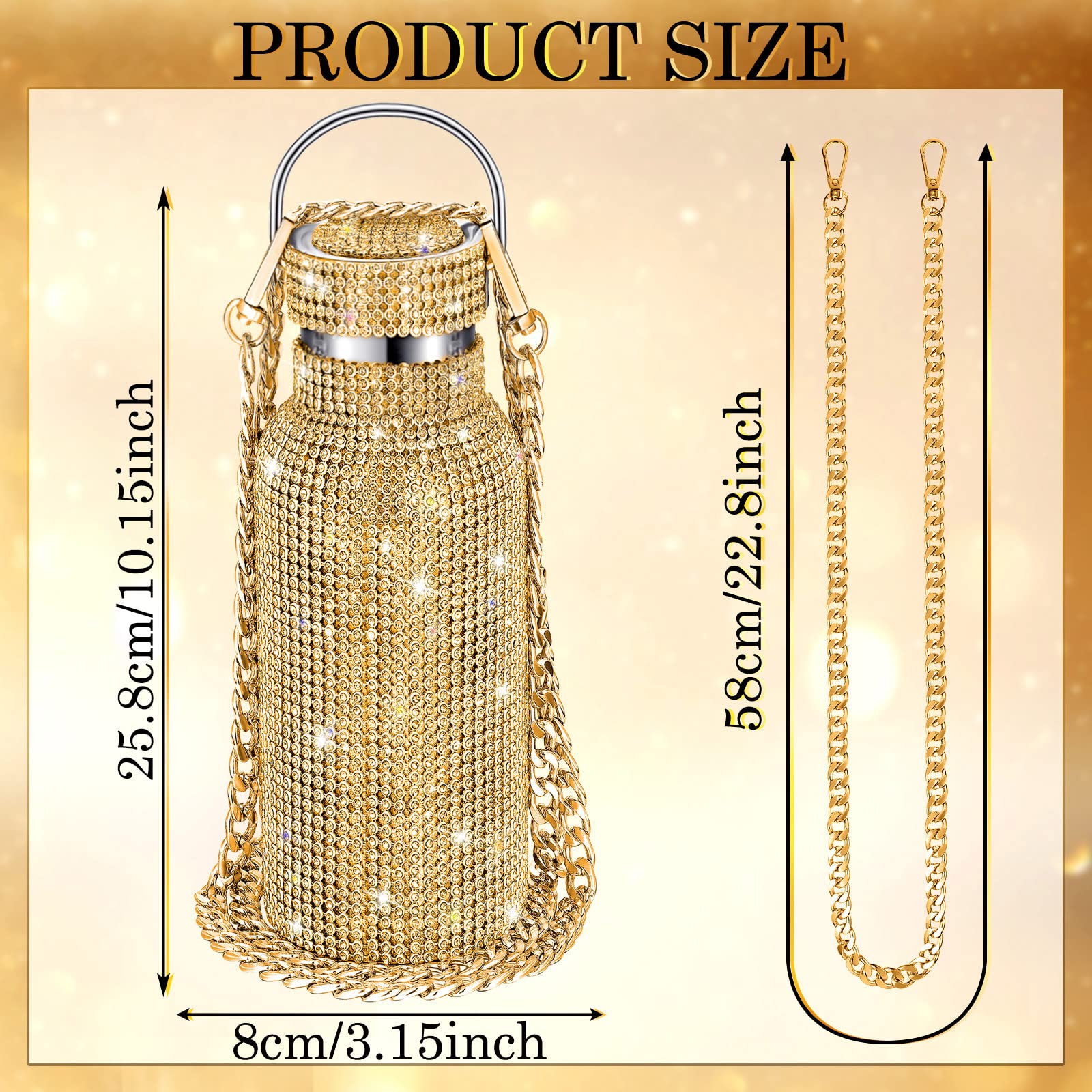 Botella de agua con diamantes de imitación de acero inoxidable, térmica, recargable, aislante, con cadena, para mujeres y niñas (dorado, 750 ml)