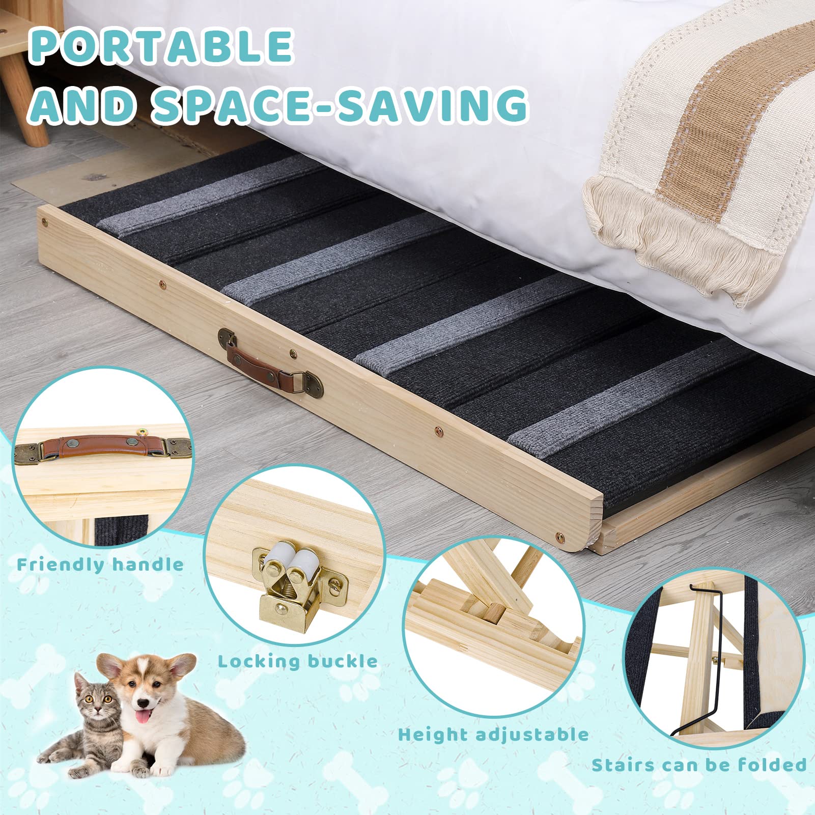 Jspupifip 2-in-1 Dog Ramp with Stairs,39.4" Long Safety Pet Ramp with Secure Lock Wooden Pet Ramp with Carry Handle for Bed, Couch,Car, 4 Levels Adjustable from 12.8" to 21.5" Rated for 200lbs