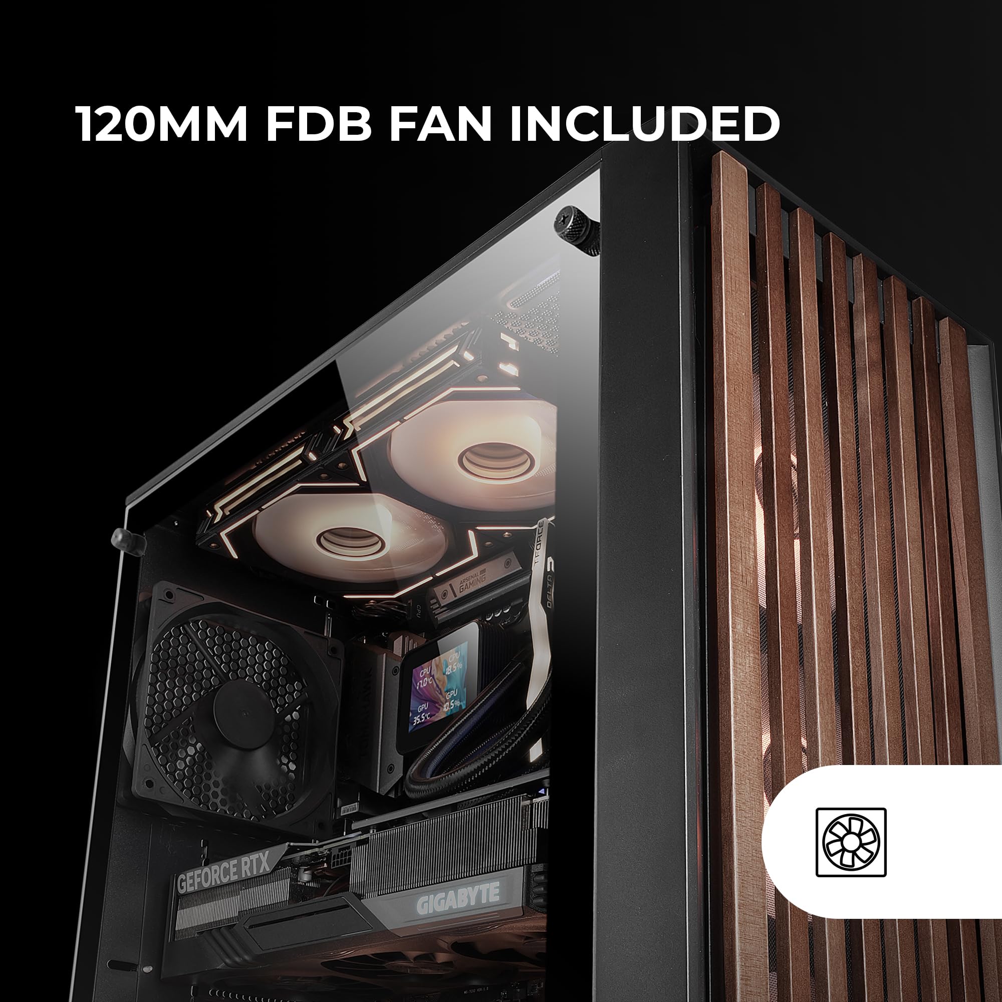 Mars Gaming MC-Wood, ATX-PC-Gehäuse, Holzfrontplatte, Seitliches Gehärtetes Glas, 120mm FDB-Lüfter, Flüssigkeitskühlung bis 360mm, Dual-Kammer, Kabelmanagement, Semi-Tower-PC, Schwarz - 4