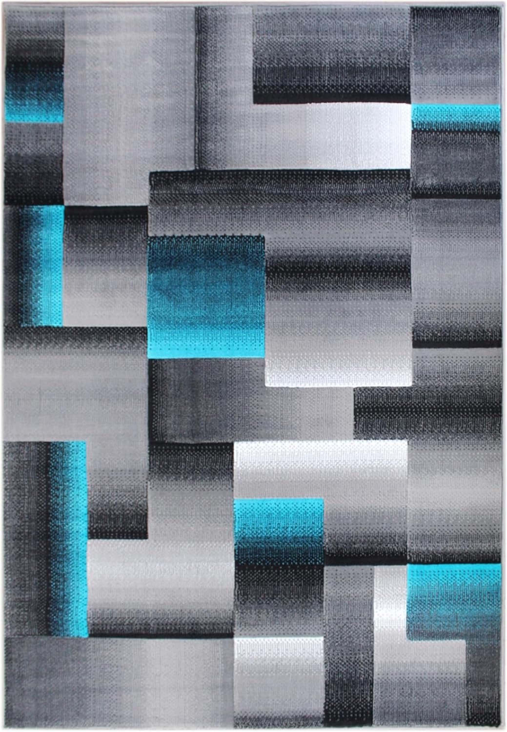 EMMA + OLIVER Olefin Accent Rug - Modern Cubist Pattern - Black and Gray Shades with Vibrant Turquoise Accents - 5x7 - Moisture & Stain Resistant