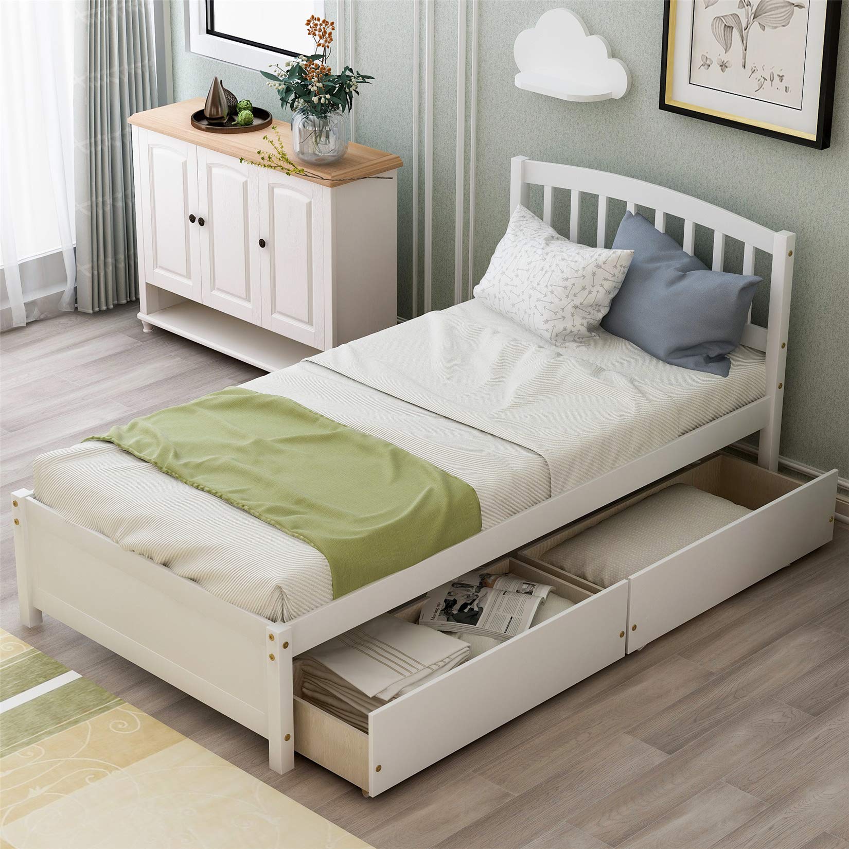 Harper & Bright Designs Twin Bed with Drawers,Wood Bed Frame with Headboard and Footboard Wood Platform Captain Bed for Boys, Girls, Kids, Teens and Adults,White