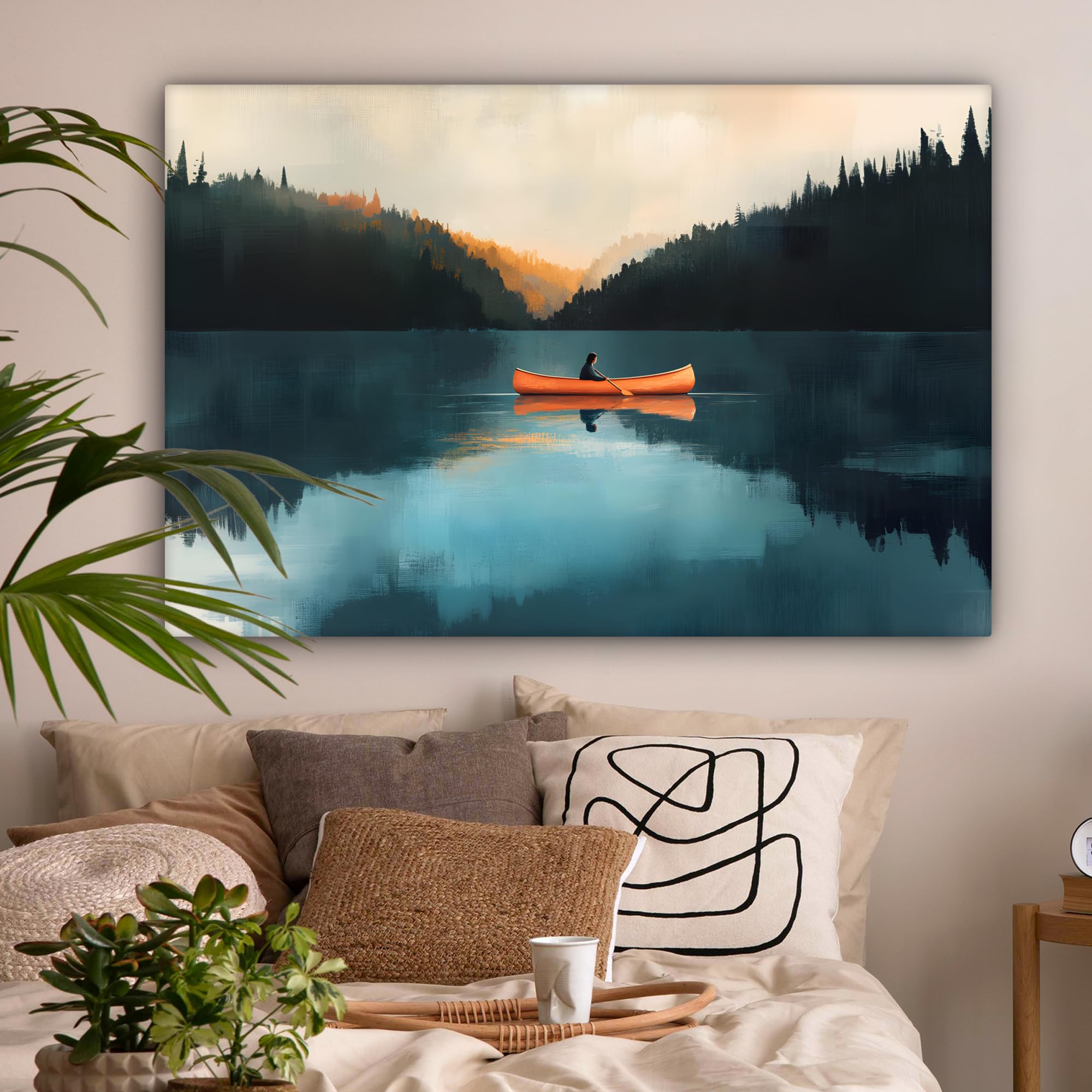 MuchoWow© Impression sur Toile Decoration Murale Peinture 120x80 cm Tableaux Decoratifs Muraux Déco Chambre Tableau Salon Forêts - Lac - Canoë - Orange