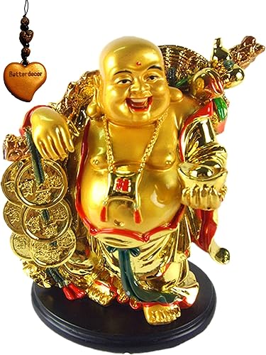 Miniatura 1 de Estatua de Feng Shui de 5.5 pulgadas de oro que ríe feliz Buda sosteniendo lingote, riqueza suerte decoración de oficina en casa