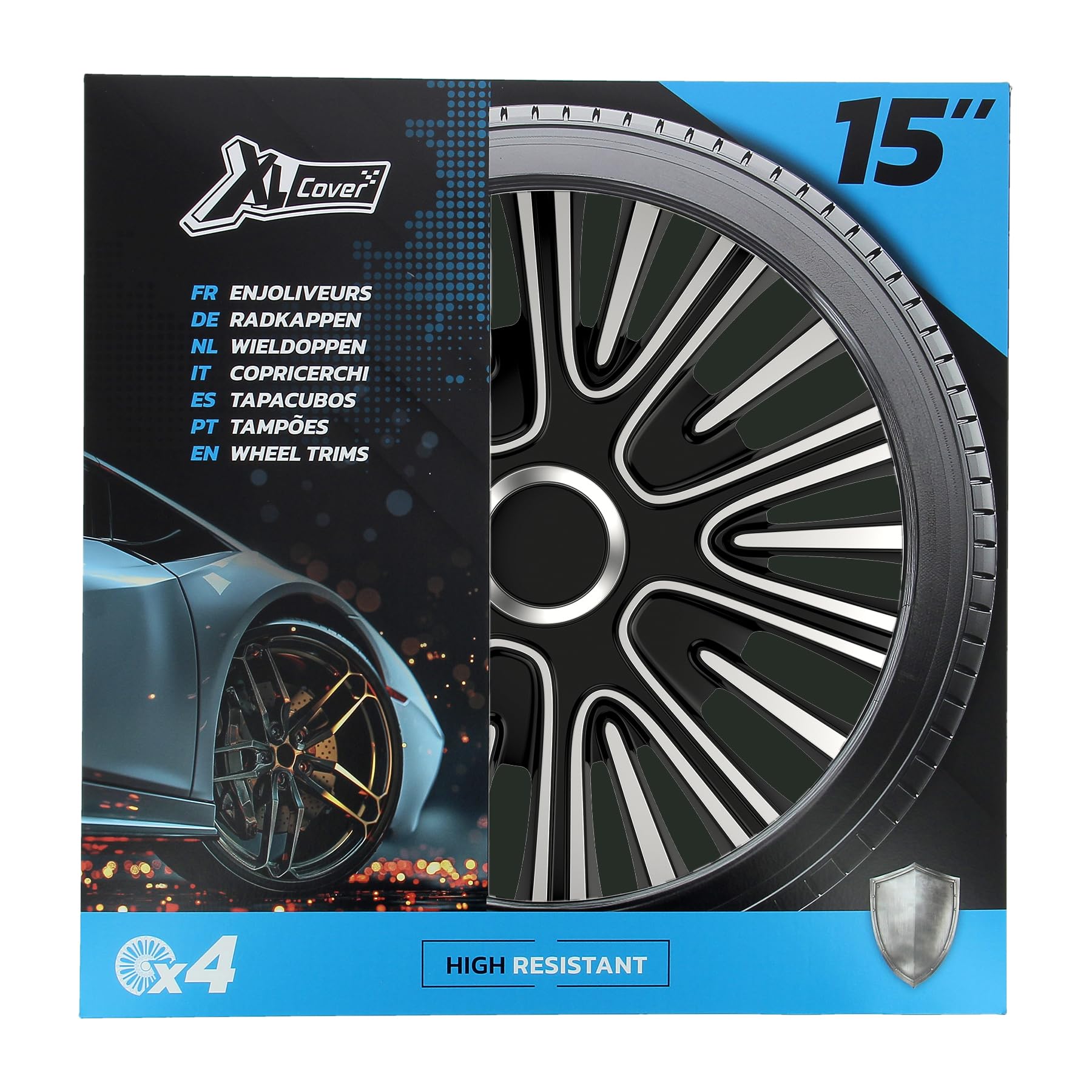 Set 4 Copricerchi Auto 15 pollici Argento & Nero Bicolore - Anello Metallico Regolabile - ABS Resistente Universali
