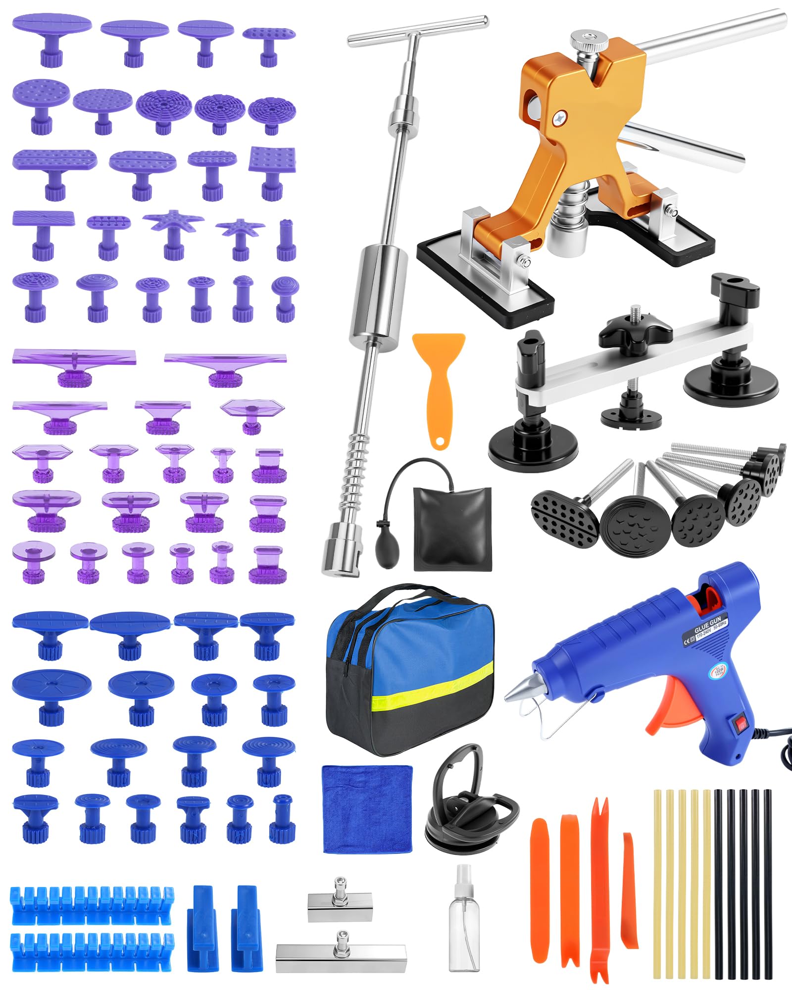 Dellen Reparaturset Auto Set, PDR Ausbeulwerkzeug Karosserie mit Dellenzieher, Gleithammer, Dellenlifter,Brückenabzieher & 100W Heißklebepistole für Karosserie, Hagelschaden & Beulenentfernung
