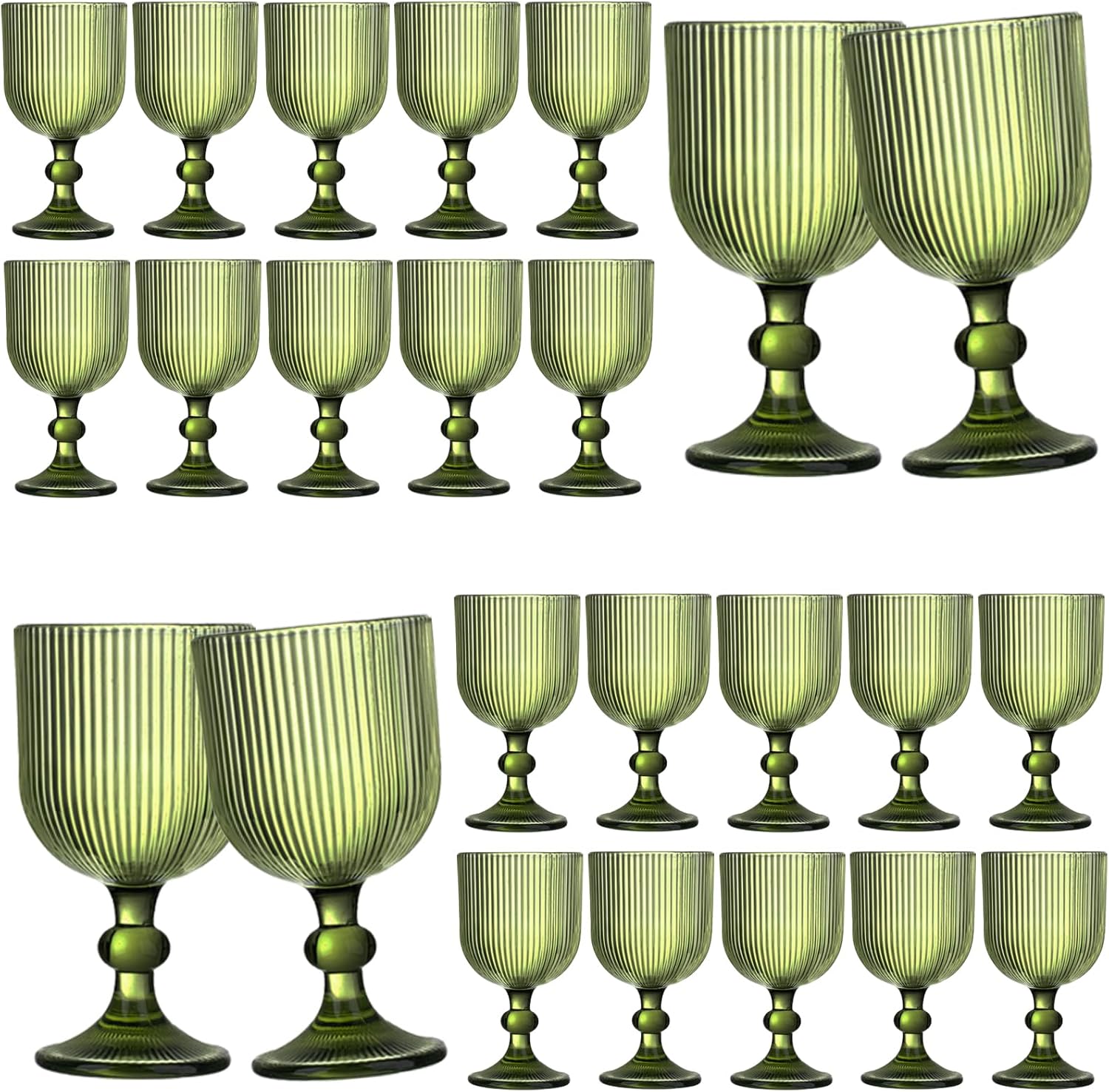 24 Pcs Green Vintage Wine Glasses, 11 Ounces Colored Glass Water Goblets, Unique Embossed Pattern High Clear Stemmed Glassware Wedding Party Bar Glass Drinking Cups Fancy Glasses Vertical Line Set Green Set of 24