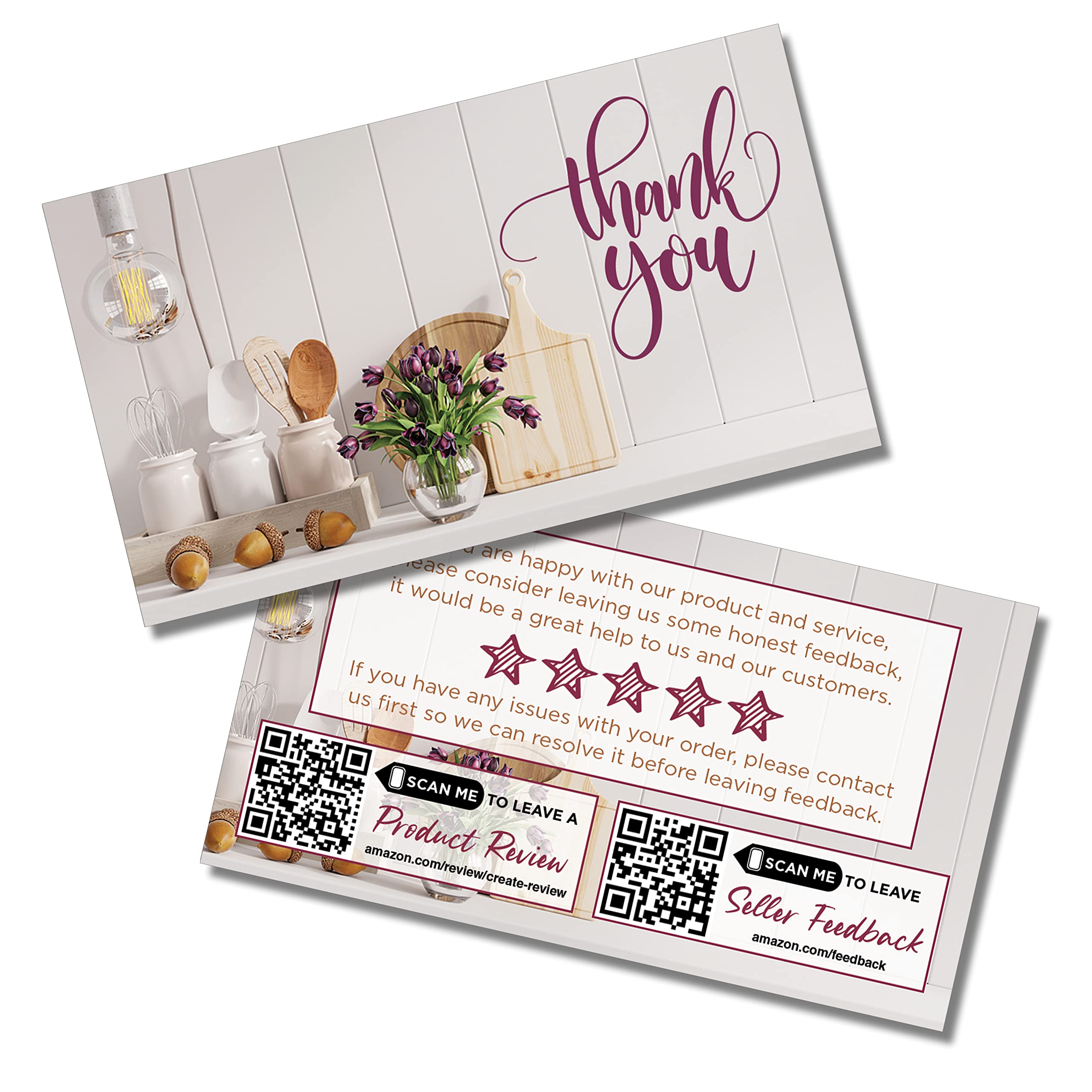 Tarjetas de agradecimiento por tu compra (2 x 3.5 pulgadas), insertos de paquete con solicitud de comentarios para vendedores de Amazon, minorista en línea para pequeñas empresas (cocina