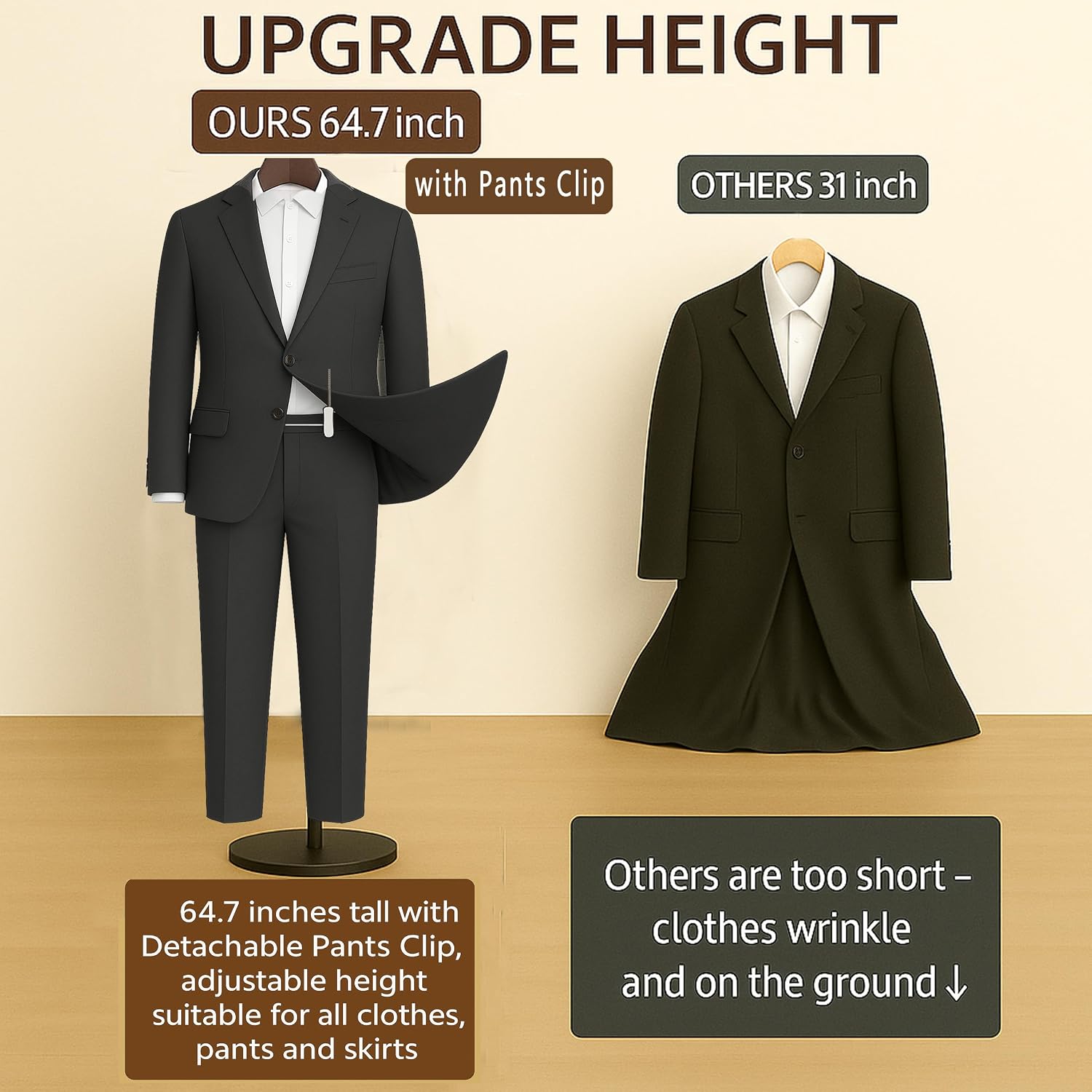 T Shirt Stand Display 26-64.7 Inch with Pants Clip, Height Adjustable for Long Short Clothes Dress, Display Mannequin for Store, Closet, Photoshoot, Exhibition, Vendors Shop, Parties（Brown 1pcs）
