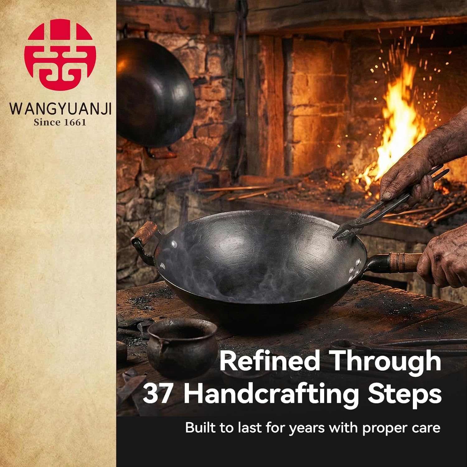 WANGYUANJI 14.17” Cast Iron Wok with Glass Lid – Traditional Round Bottom Chinese Wok for Gas Stove & Open Flame (Wok Ring Required) – Uncoated Clay-Mold “Turtle Shell” Texture – Seasoning Needed - Image 5