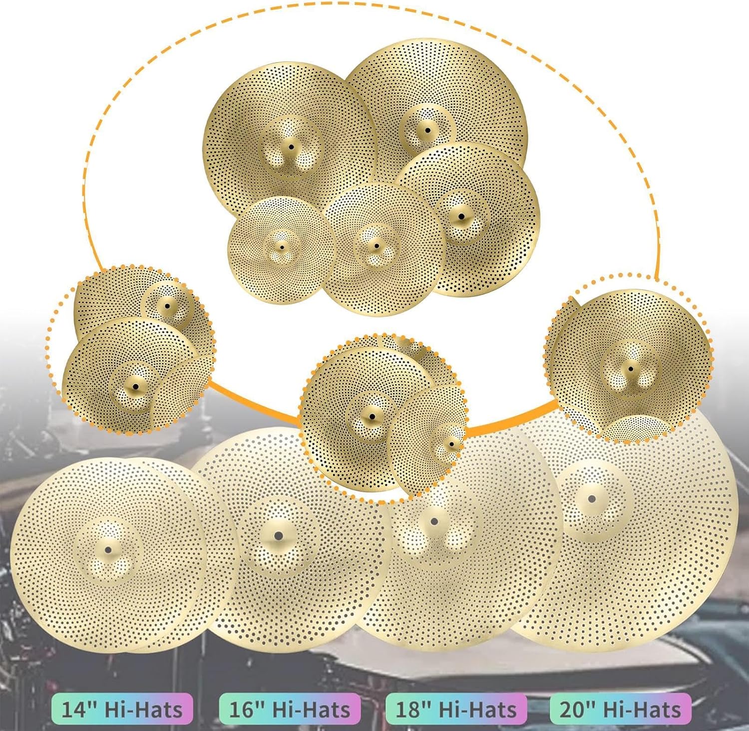 5Pcs Low Volume Cymbals Pack Mute Cymbal Set 14" Hi Hat 16" Crash 18" Rash 20" Ride for Drummer Practice Bedroom- Yellow