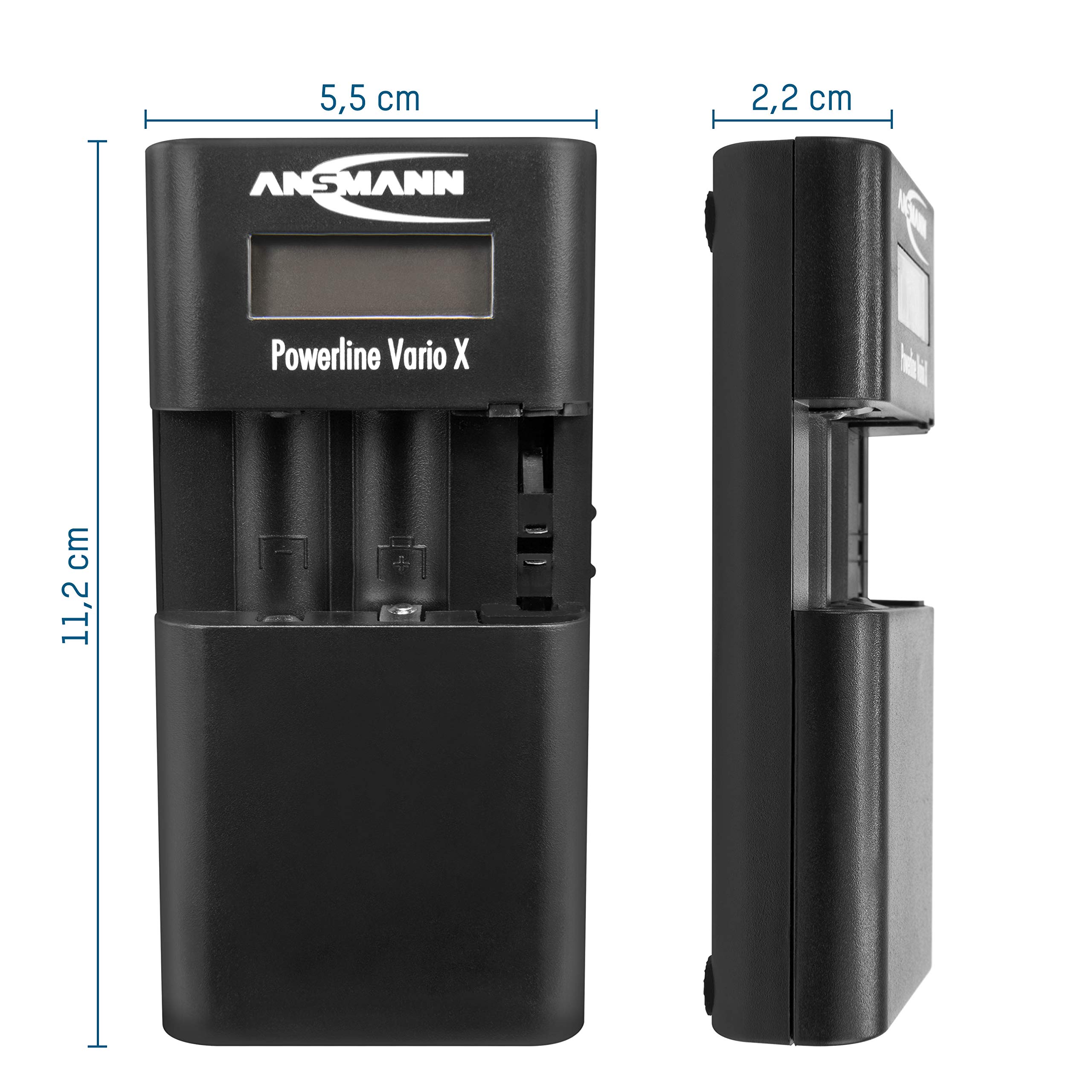 ANSMANN Powerline Vario X - Caricabatteria per fotocamera in batteria agli ioni di litio, LiPo, NiMH o 2 batterie mignon AA o 2 micro AAA, altezza regolabile del vano di ricarica