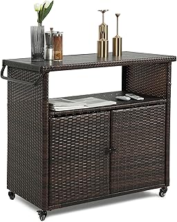 Wicker Outdoor Bar Cart - Brown Patio Console Storage Table Buffet Cabin...