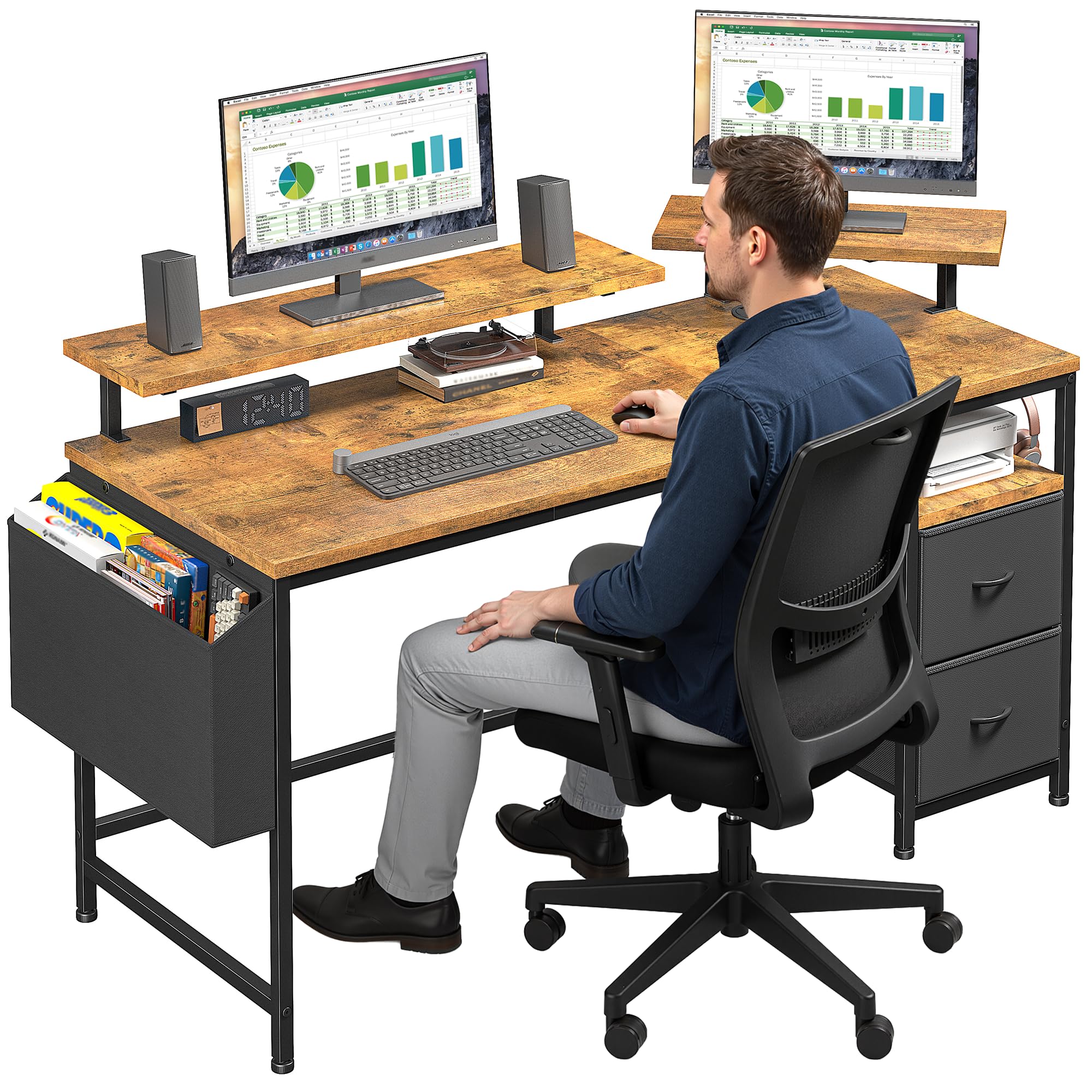 Cliporix 120cm Small Computer Desk with Dual Monitor Stands - Reversible Sturdy Gaming Desk, Corner Table with Drawers & Spacious Storage for Small Spaces, Modern Study Writing Table