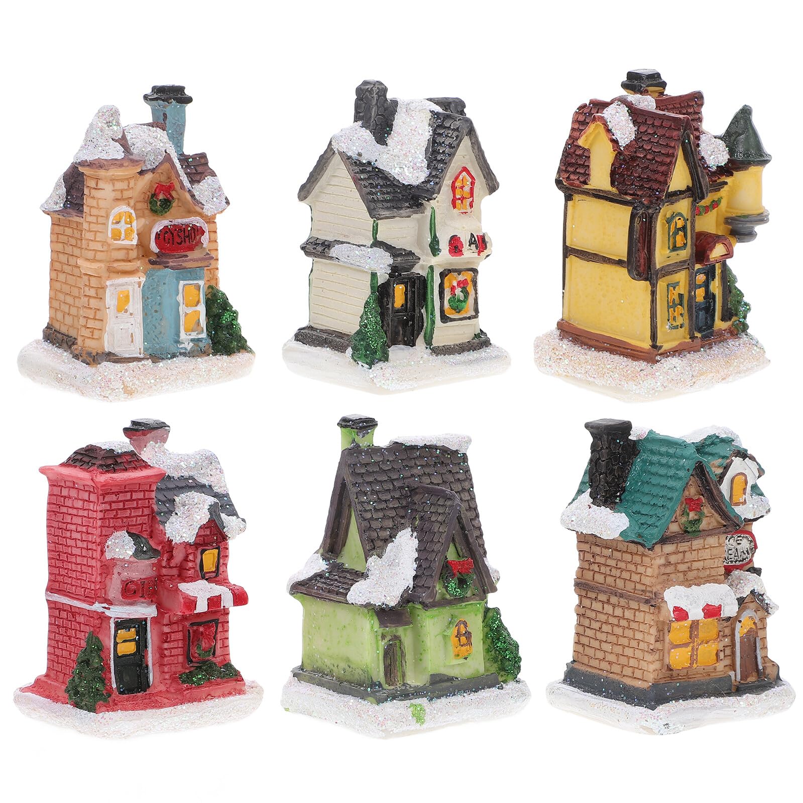 Maisons miniatures de Noël lumineuses en résine Hemobllo par lot de 6 pour décor festif