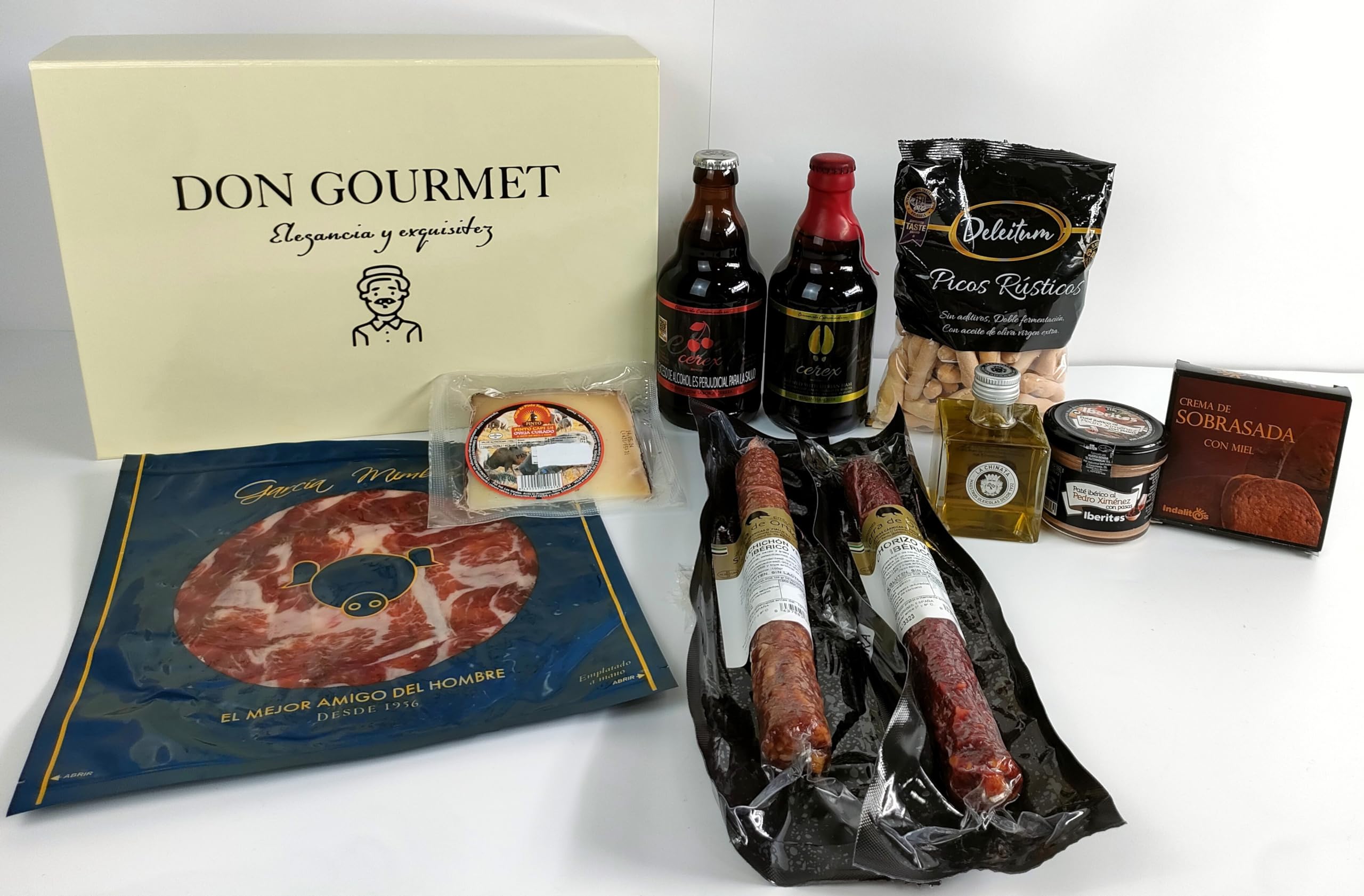 DON GOURMET, Cesta Gourmet para Regalar, Queso curado, jamón ibérico,chorizo ibérico, lote embutidos ibéricos, aceite de oliva virgen extra, patés, pack ibéricos, Regalo Original.
