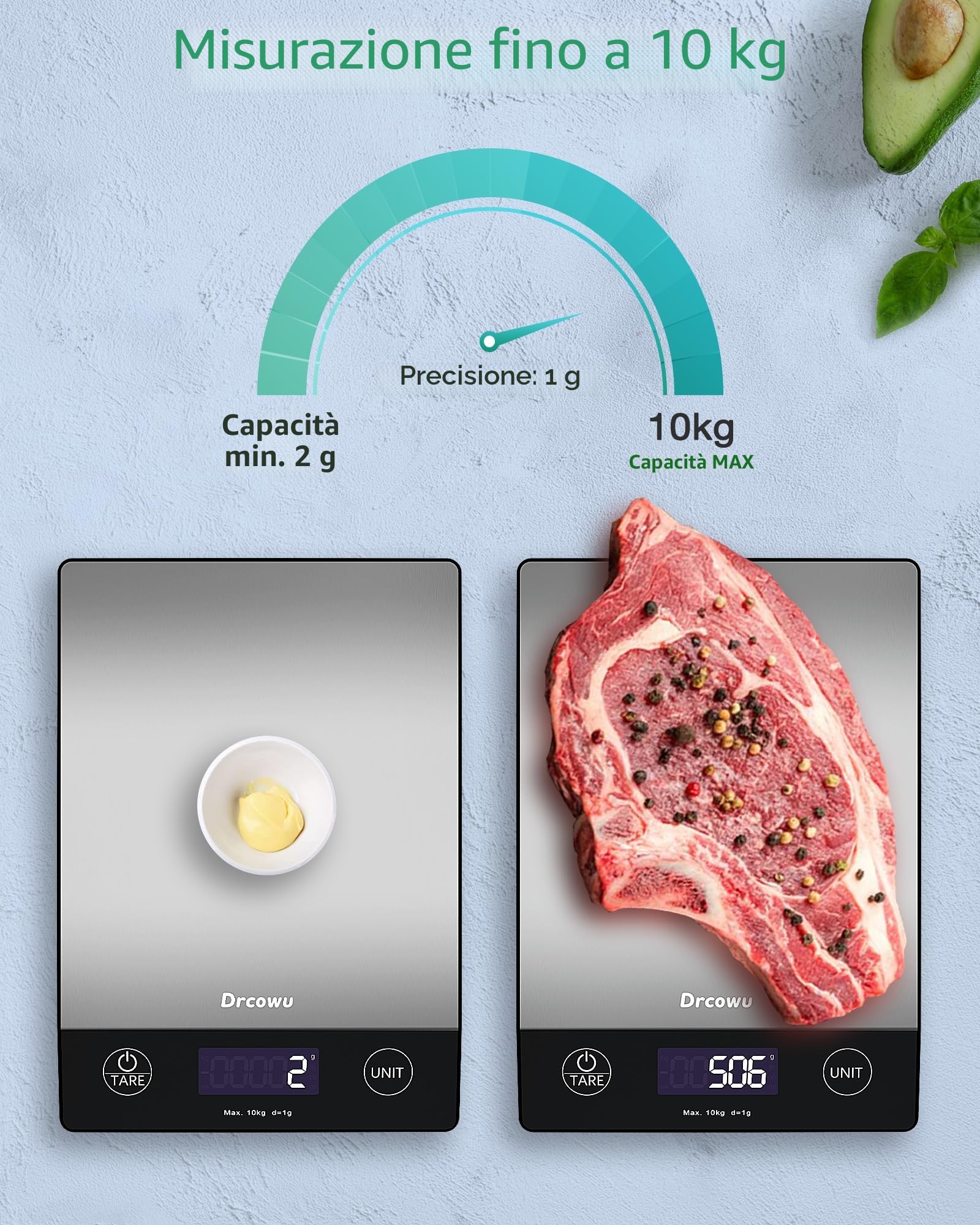 Bilancia Cucina Digitale, 10kg Bilancia da Cucina Professionale, Alta Precisione 1g/0,1oz Pesa Alimenti con Funzione Tare, Display LCD, 6 Unità, Facile da Leggere e da Usare