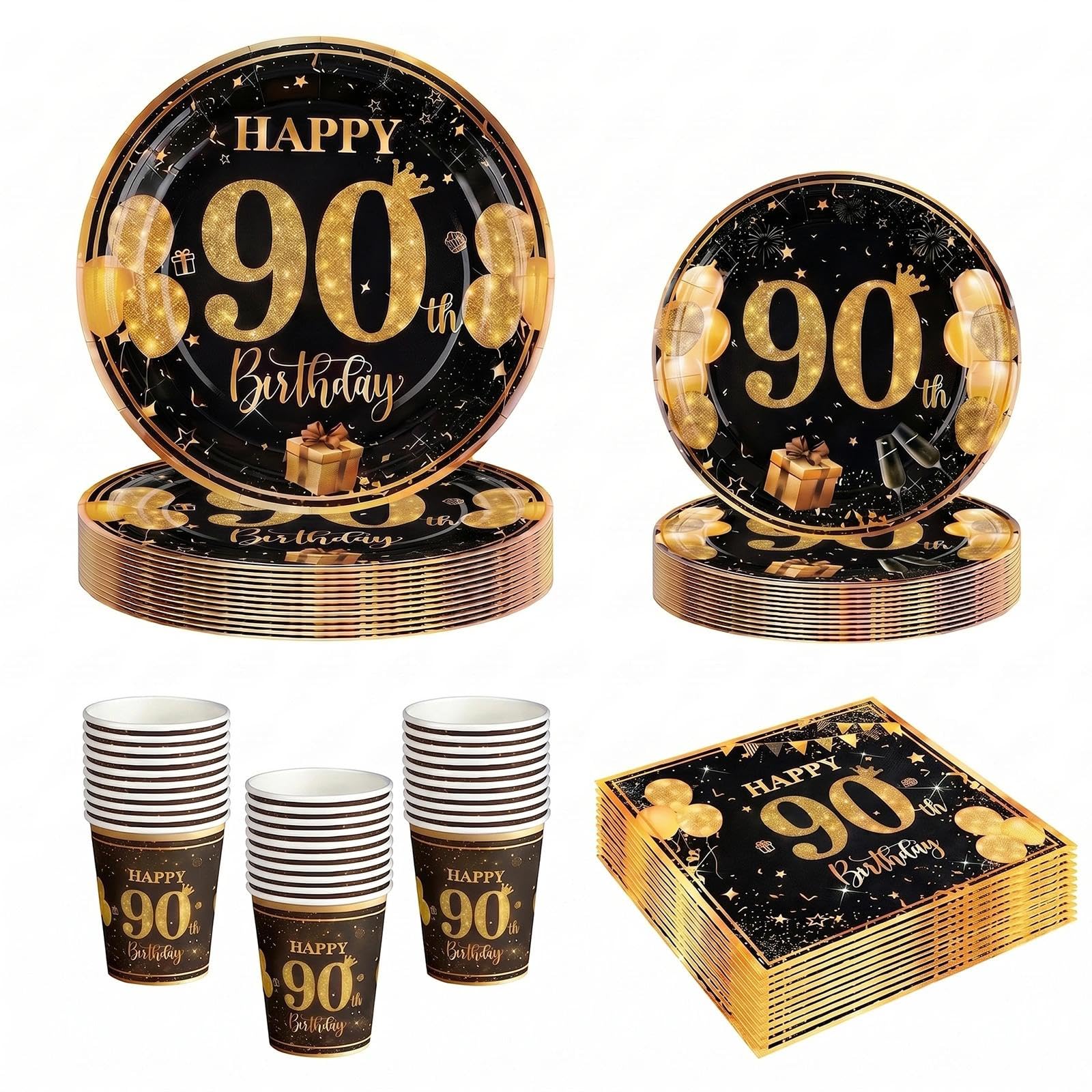 68Pcs 90th Birthday Party Plates Cups and Napkins, Black Gold 90th Birthday Decorations, 7" and 9" Disposable Paper Plates, Disposable Party Tableware Set Serves 16 Guests for Men Him Women Her