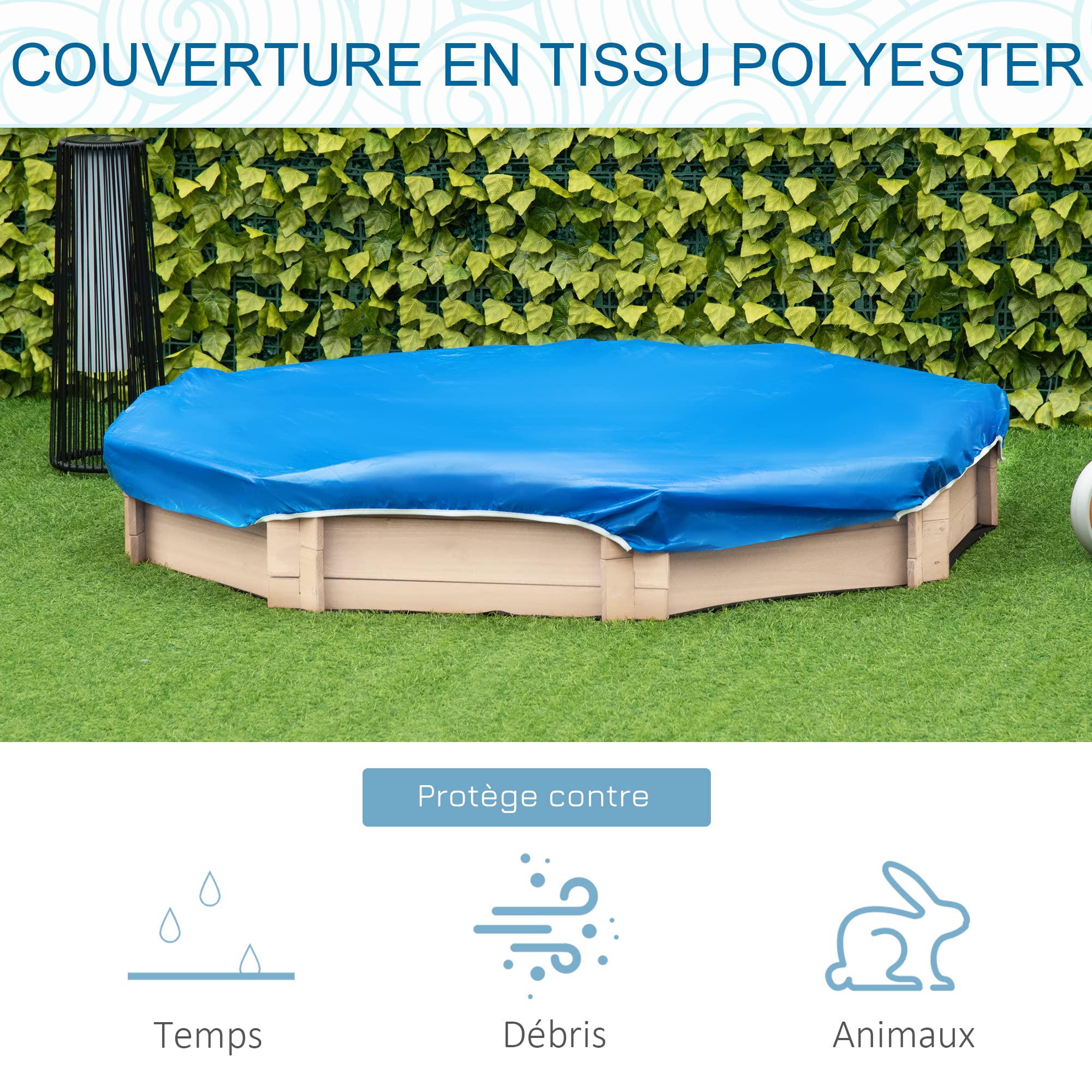 Outsunny Bac à sable en bois massif, octogonal, 140x140x21,5cm, 4 bancs avec bâche de couverture et sol non tissé, protection UV, facile à installer, jeux extérieur pour jardin, maison, plage, naturel