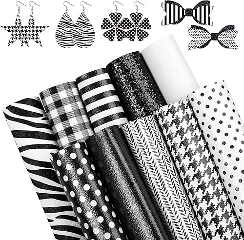 Whaline 10 hojas de cuero sintético blanco y negro, tela de cuero sintético de 8 x 12 pulgadas, patrón de rayas a cuadros con purpurina de cuero