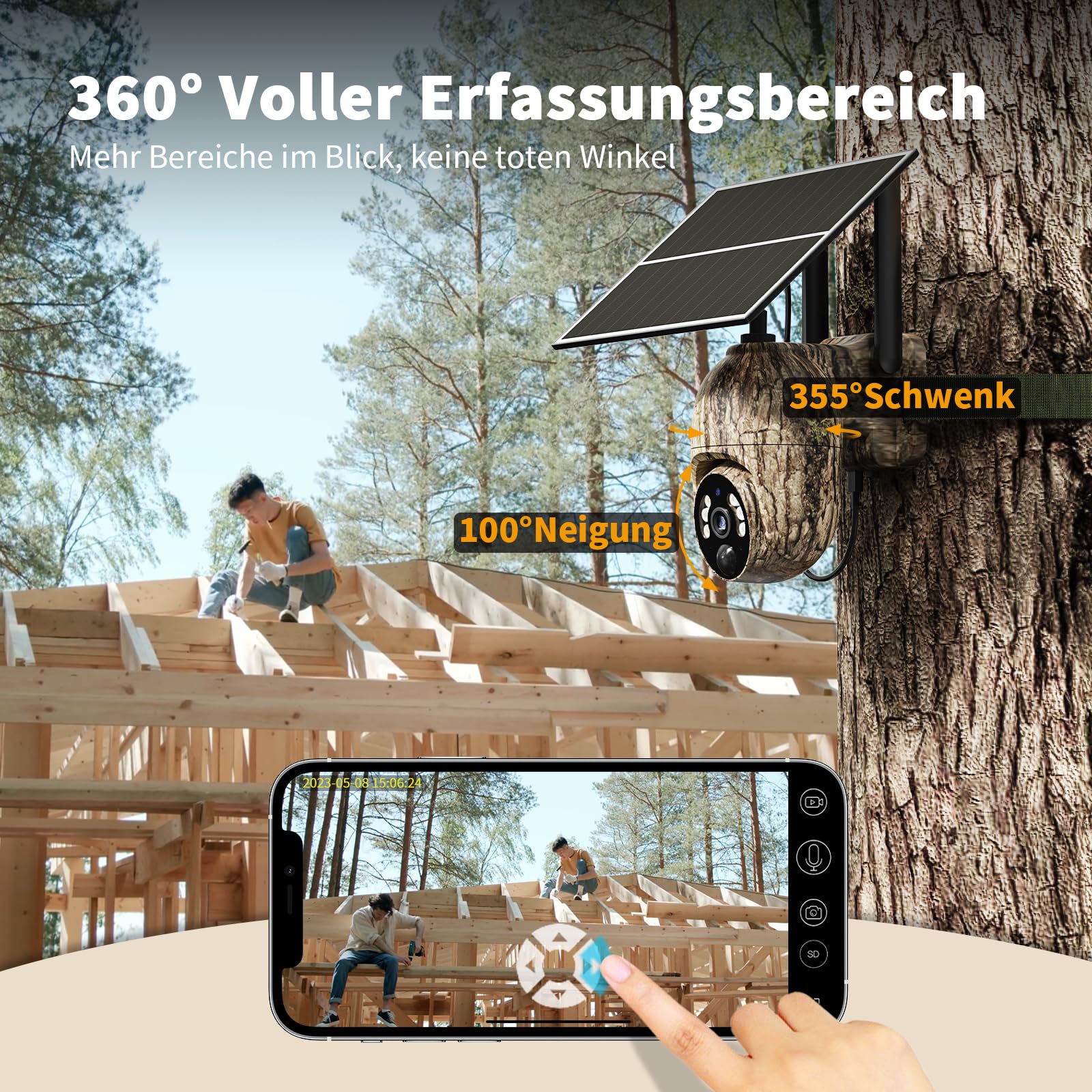 4G LTE Wildkamera mit SIM Karte, 2K Kabellos Solar Wildtierkamera mit Handyübertragung App, Überwachungskamera Aussen Akku mit Farbnachtsicht, PIR-Erkennung, 2-Weg-Audio, IP66 Wasserdicht