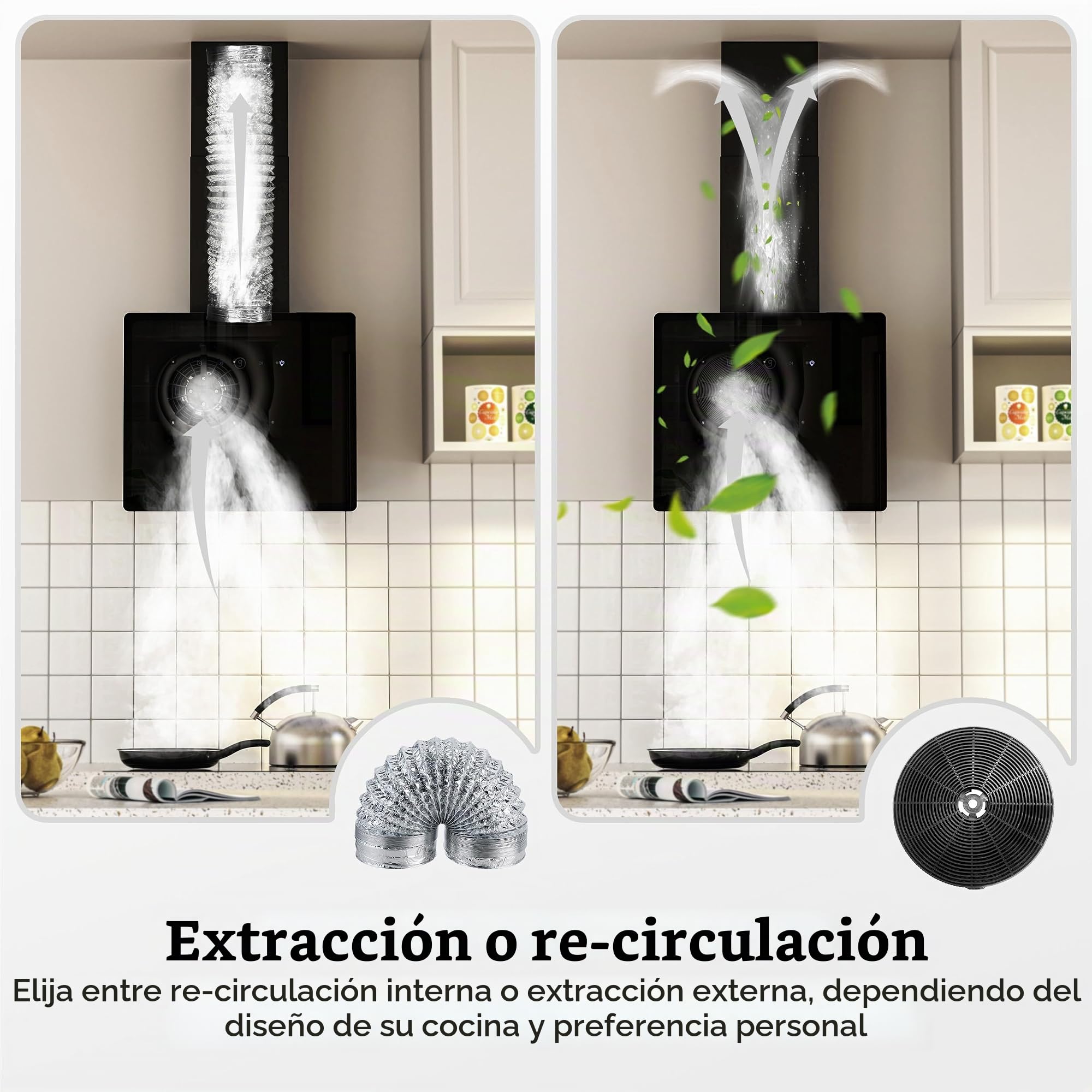 FIREGAS Campana Extractora de Pared con LED 60 cm, 487 m³/h, 9 Velocidades, Filtros de Carbón CC170, Ahorro Energético, Con Conducto, Negra