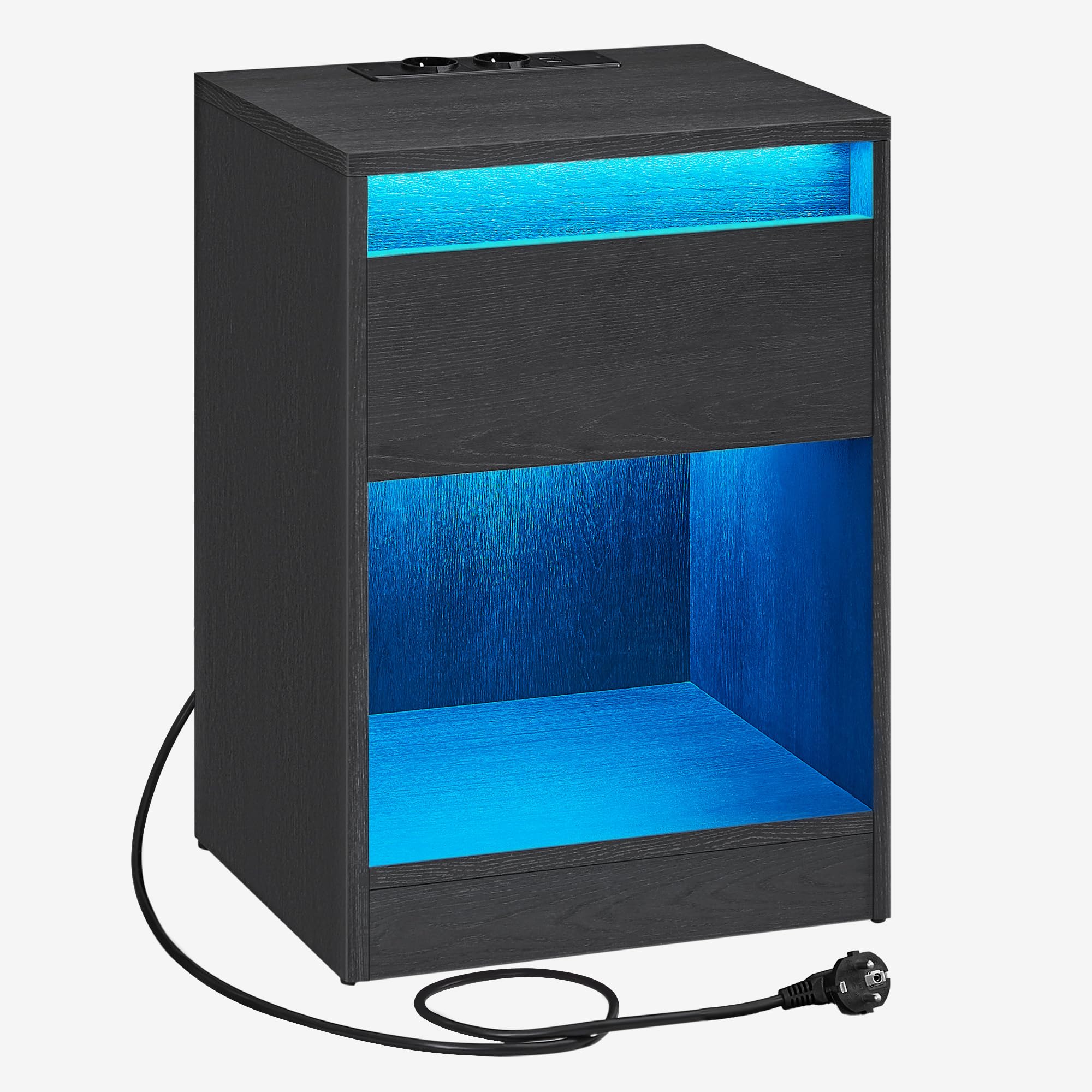 VASAGLE KAILYN Collezione - Comodino a LED con Stazione di Ricarica, Tavolino con Luci LED Regolabili, 2 Prese AC, 2 Porte USB, Moderno, per Camera da Letto Soggiorno, Nero Cenere LET618T22