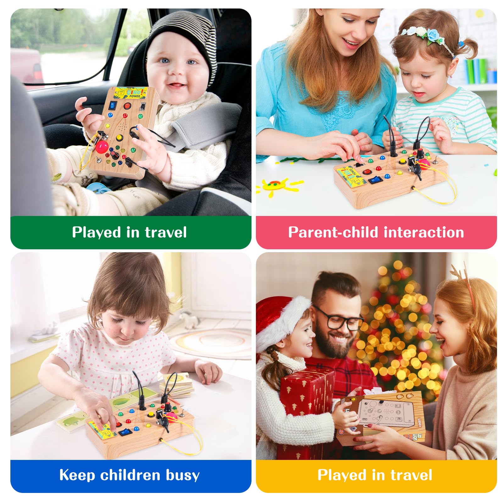 Carehabi Tableau Montessori Busy Board,Jouet Sensoriel éducatif pour Bébé 1 2 3 4 Ans,Tableau d'activités Electroniques avec 6 Interrupteurs,14 Lumières LED pour Cadeau de Noël et d'anniversaire