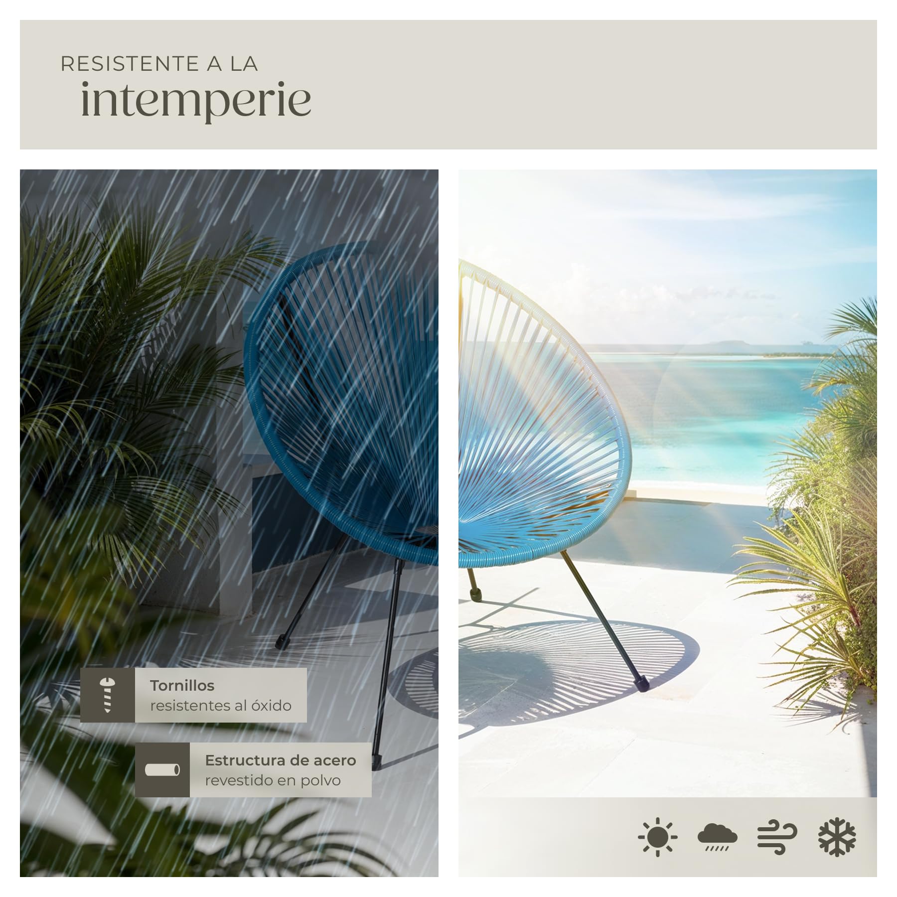 tectake® Conjunto Muebles Jardín Exterior de Acero, Estilo Acapulco, 2 Sillas y 1 Mesa con Cristal, Mesa y Sillas de Terraza Resistentes a Intemperie,Topes en Patas, para Interior y Exterior - azul
