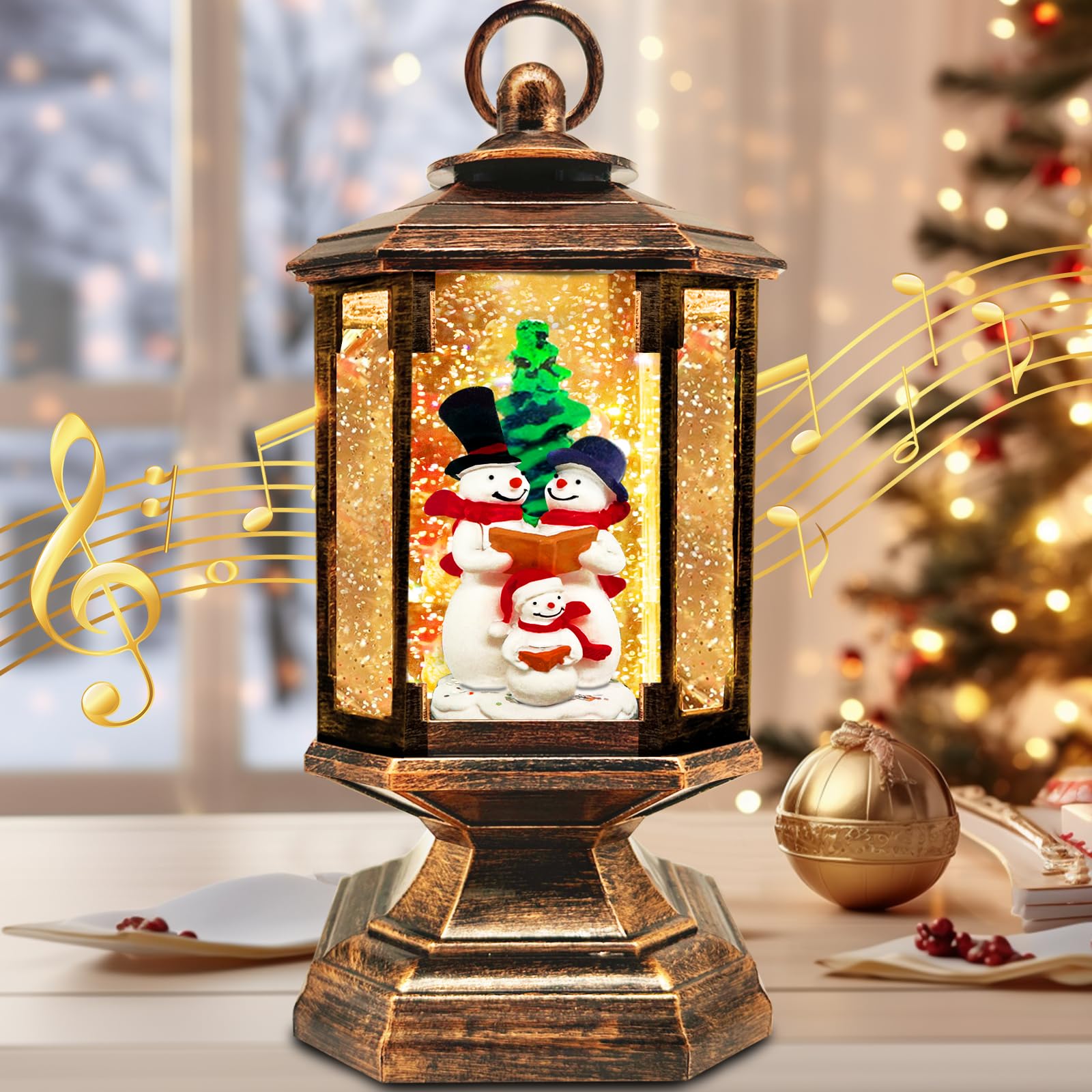 Weihnachtslaterne Mit Musik & Rotierenden Kristallen – Schneemann-Motiv, 8 Weihnachtslieder, LED-Beleuchtung