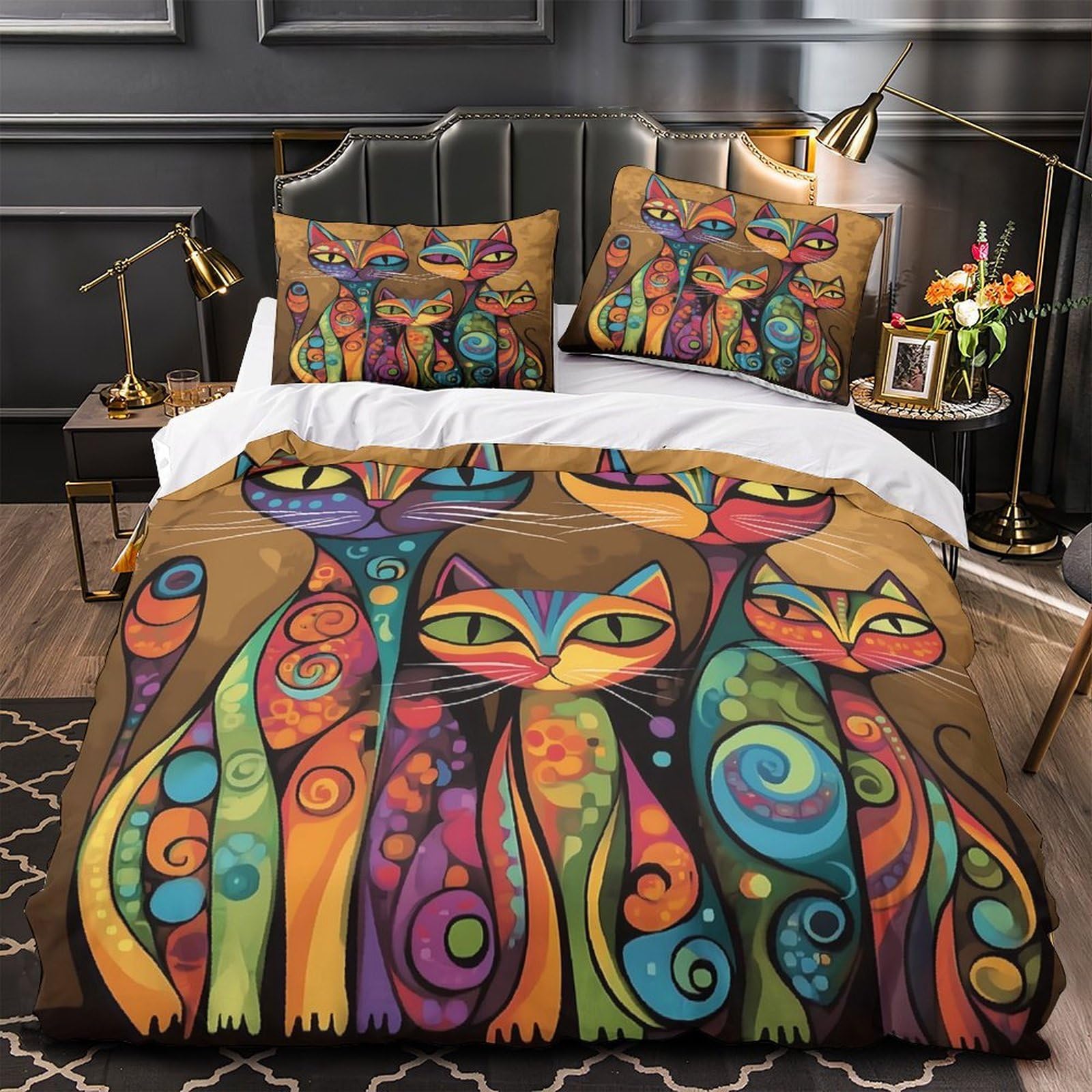 Colorful Cat Art Quilt Cover 3D Print Ultra Soft 3PCs Bed Linen Hidden Zipper Vibrant Folk Duvet Cover Luxurious Breathable for Adults Teens Women Kids Girls Boys Youth Double（200x200cm）