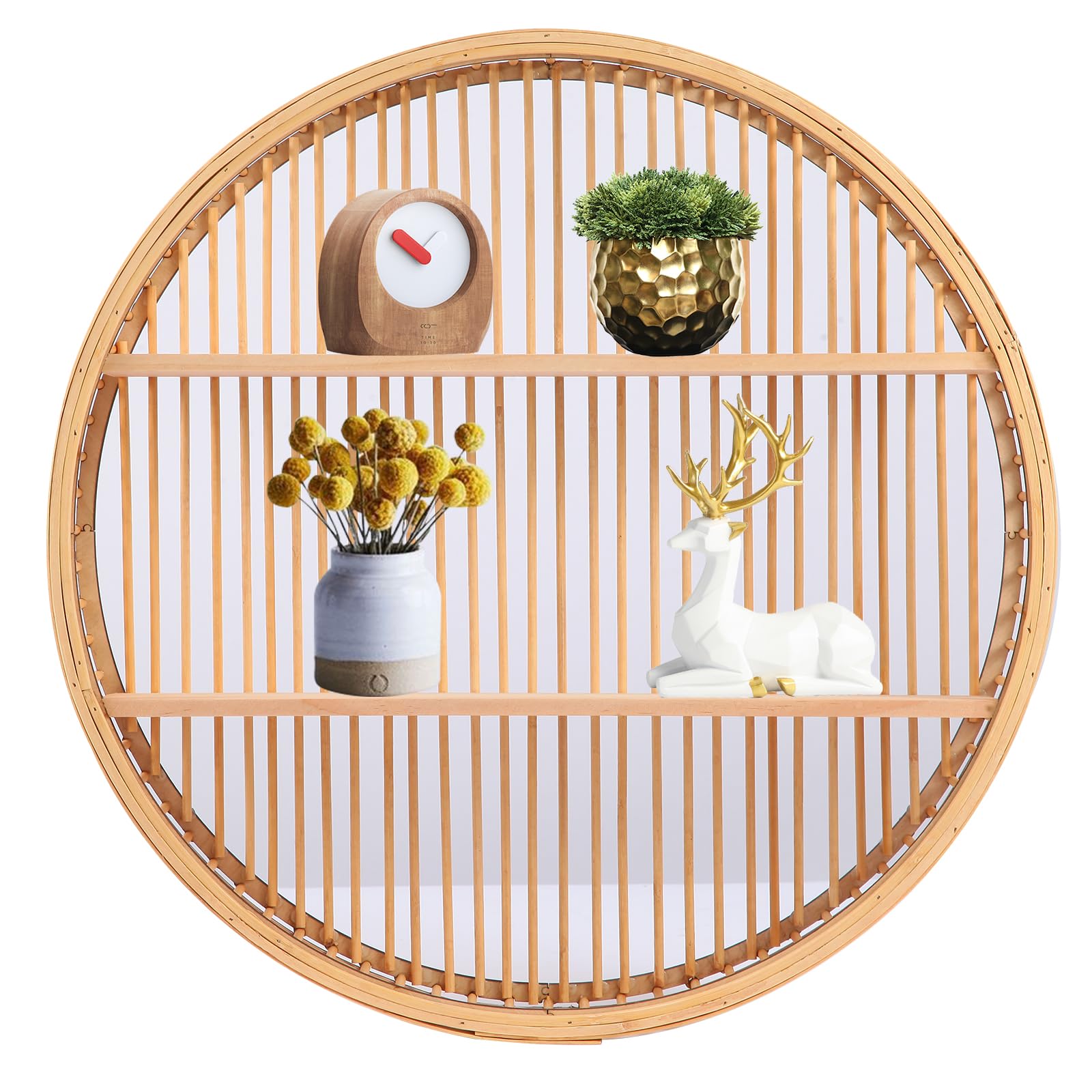 Round Floating Wall Shelf Decor, 2 Tier Bamboo Wall Mounted Display Storage Hanging Shelves Home Decorations Art for Bedroom Living Room Kitchen Bathroom Office (19"x19"x4")