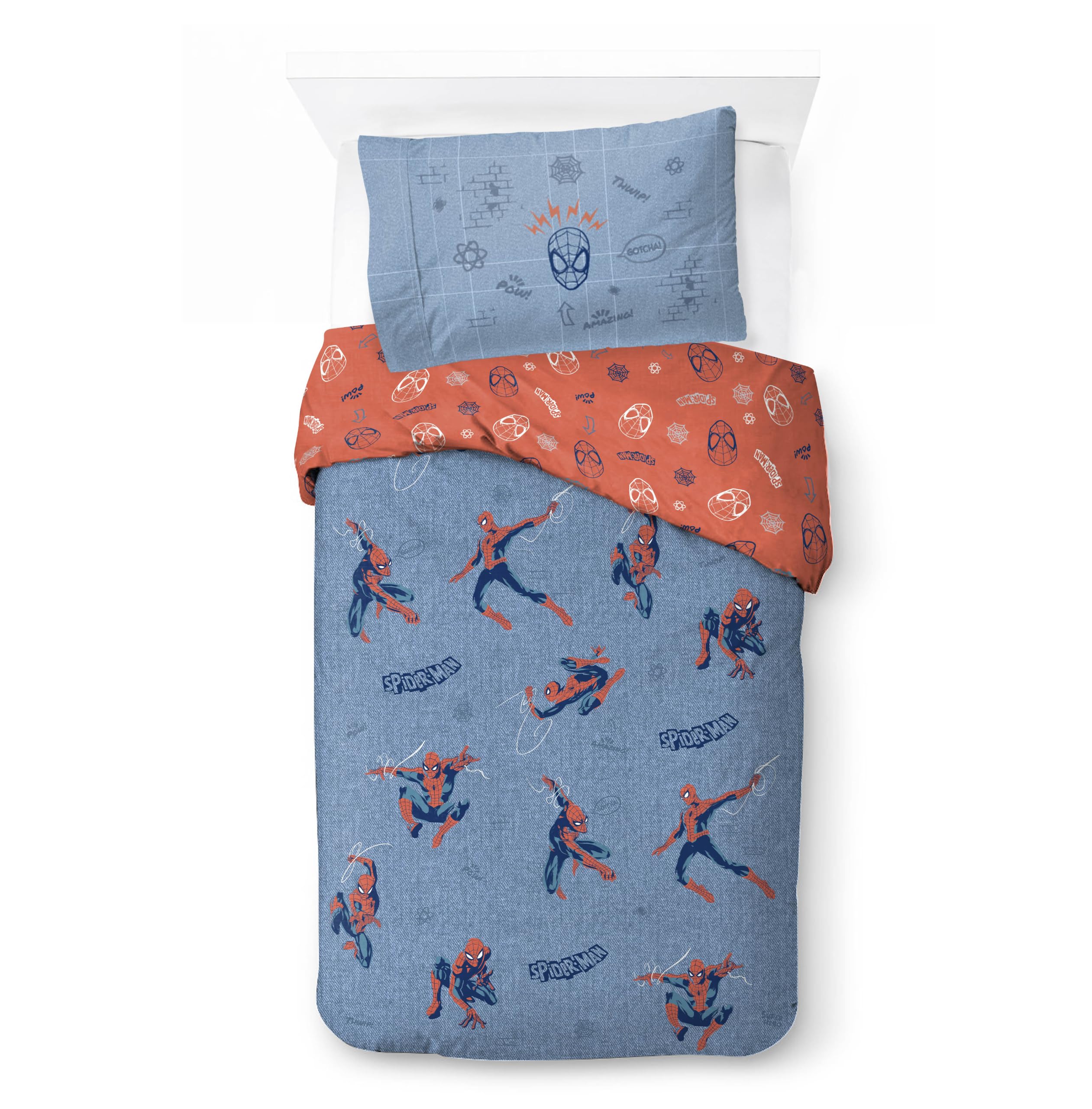 Jay Franco Children's Marvel Spiderman Single Duvet Cover Set – 100% Cotton Super Soft Bedding with Pillowcase, Official Licensed Product, Chambray, 2 Piece Set