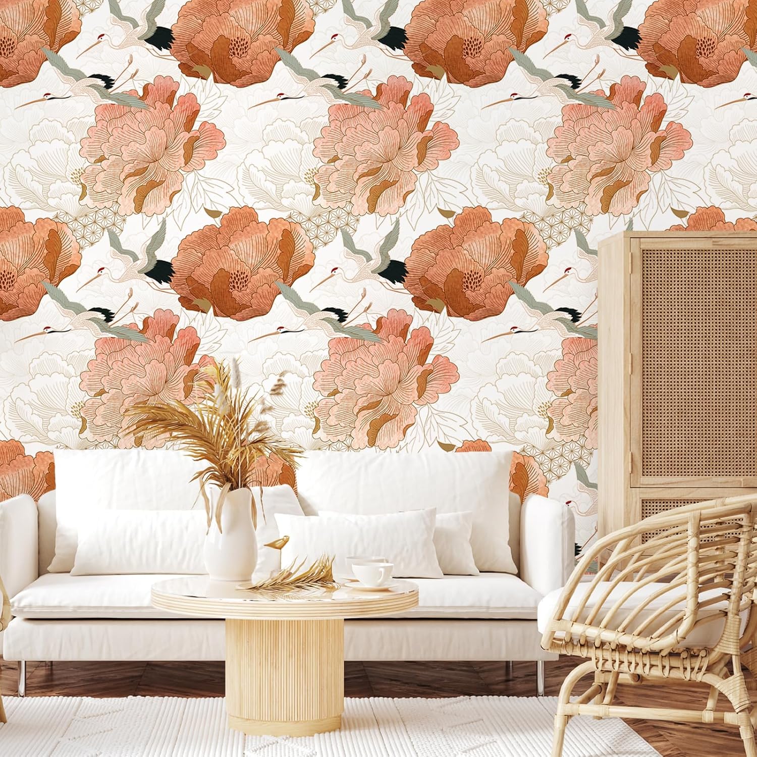 VEELIKE Oriental Japanese Crane Peel and Stick Heron Bird Vintage Floral Wallpaper 17.7''x354'' Removable Self Adhesive Crane Art Deco Wallpaper for Bedroom Bathroom Living Room