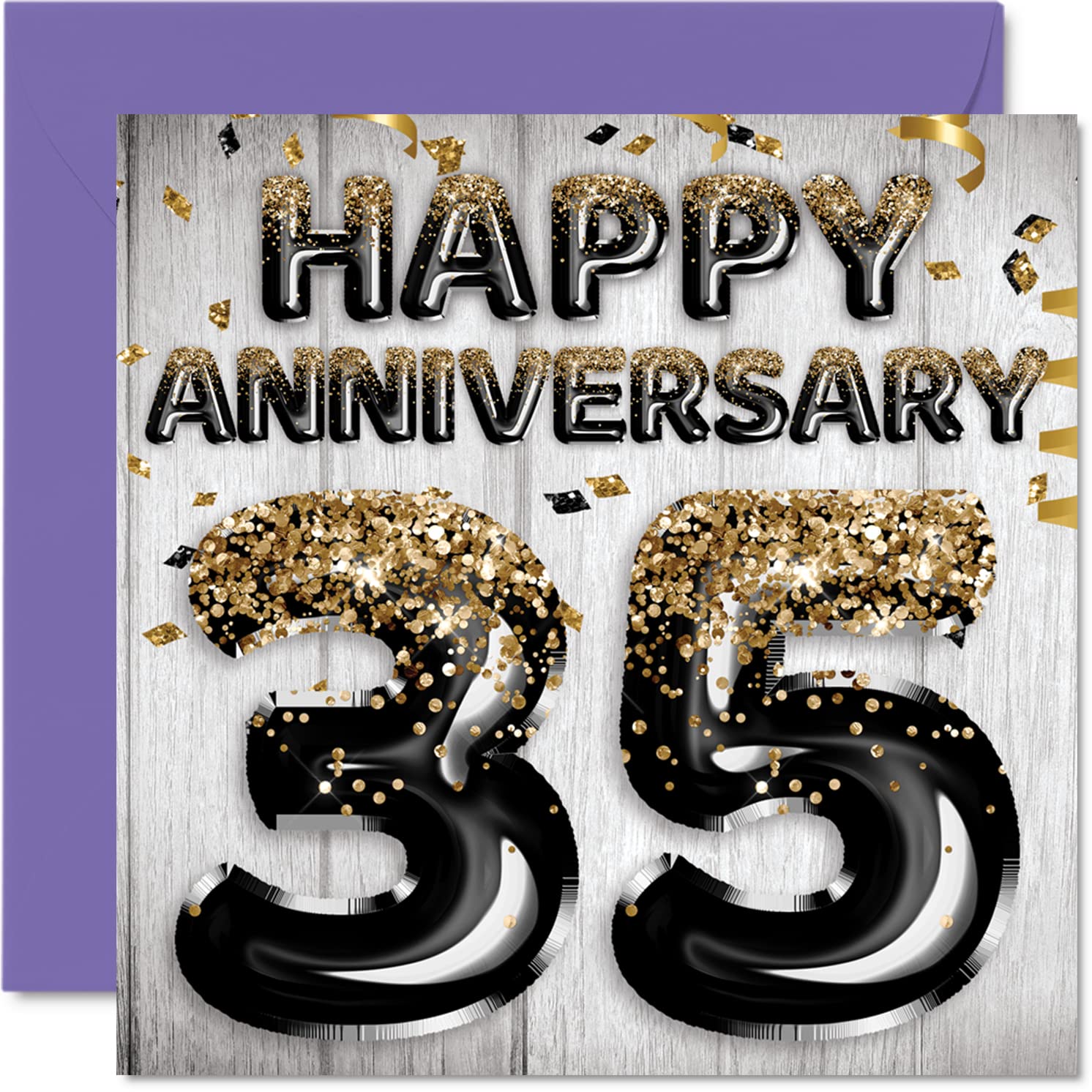 Awesome Coral Anniversary Card for Husband Boyfriend Wife Girlfriend - Black Gold Glitter Balloon - Happy 35th Anniversary Cards from Family, 145mm Greeting Cards Anniversaries