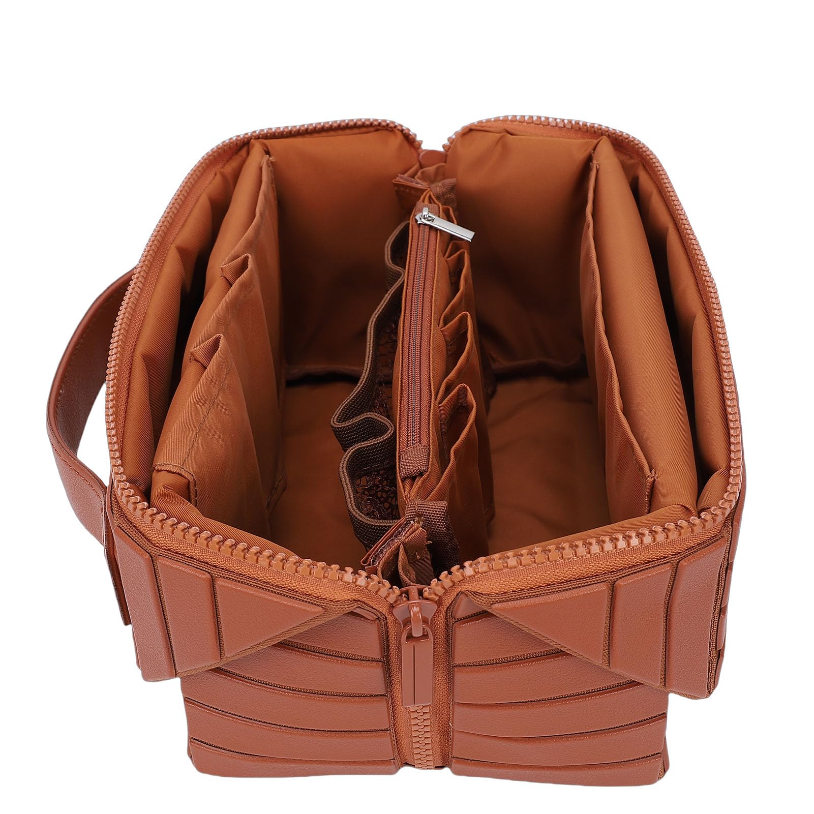 Bolsa de Maquillaje de Viaje, Bolsas de Cosméticos de Gran Capacidad para Mujeres, Bolsa de Aseo Plegable a Prueba de Agua, Diseño Abierto (Brown)