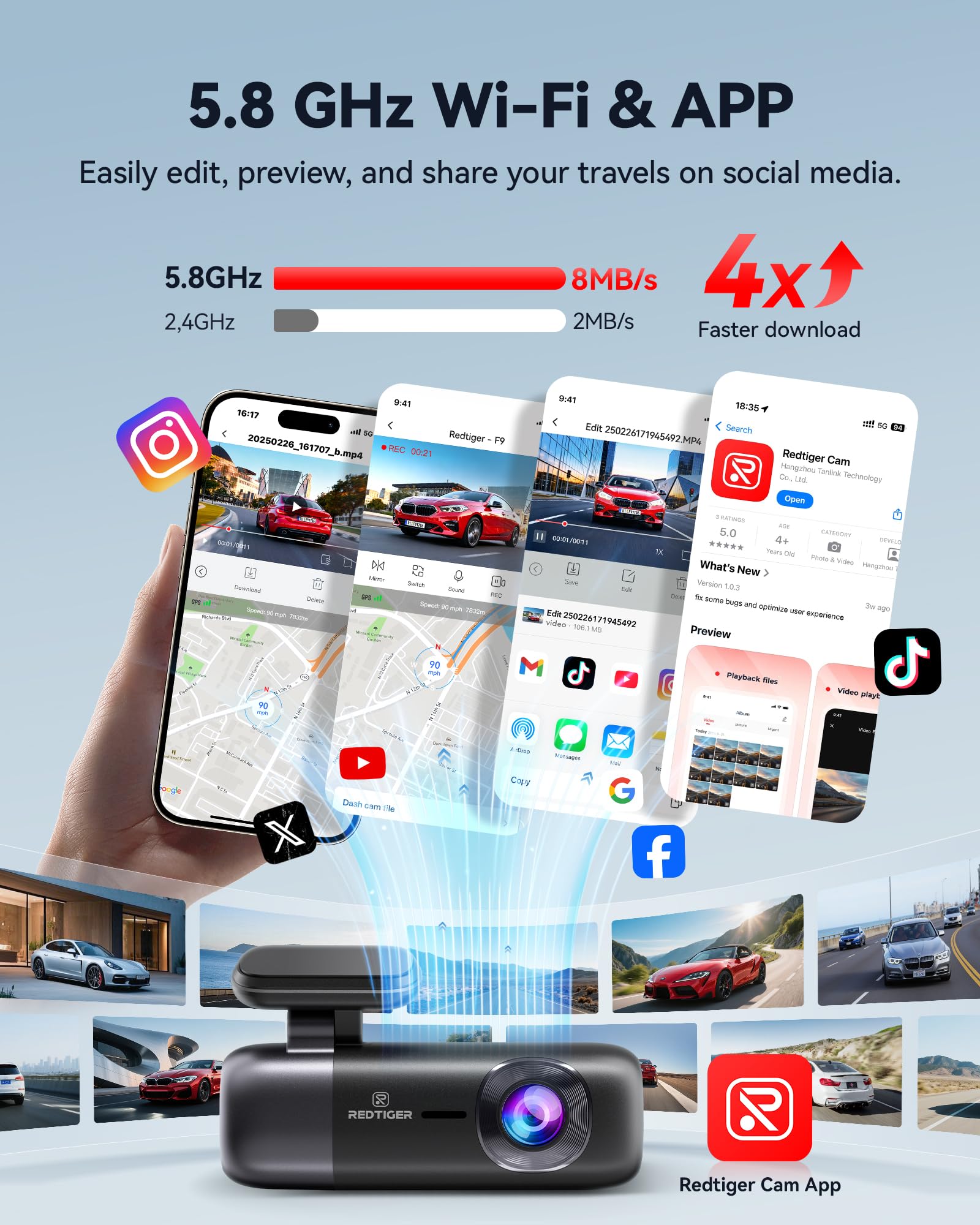 REDTIGER Dash Cam 4K/2,5K przednia i tylna, Dasham samochodowa z WiFi i GPS, nagrywanie w pętli, tryb parkingowy, inteligentne sterowanie za pomocą aplikacji, obsługa 256 GB (F9)